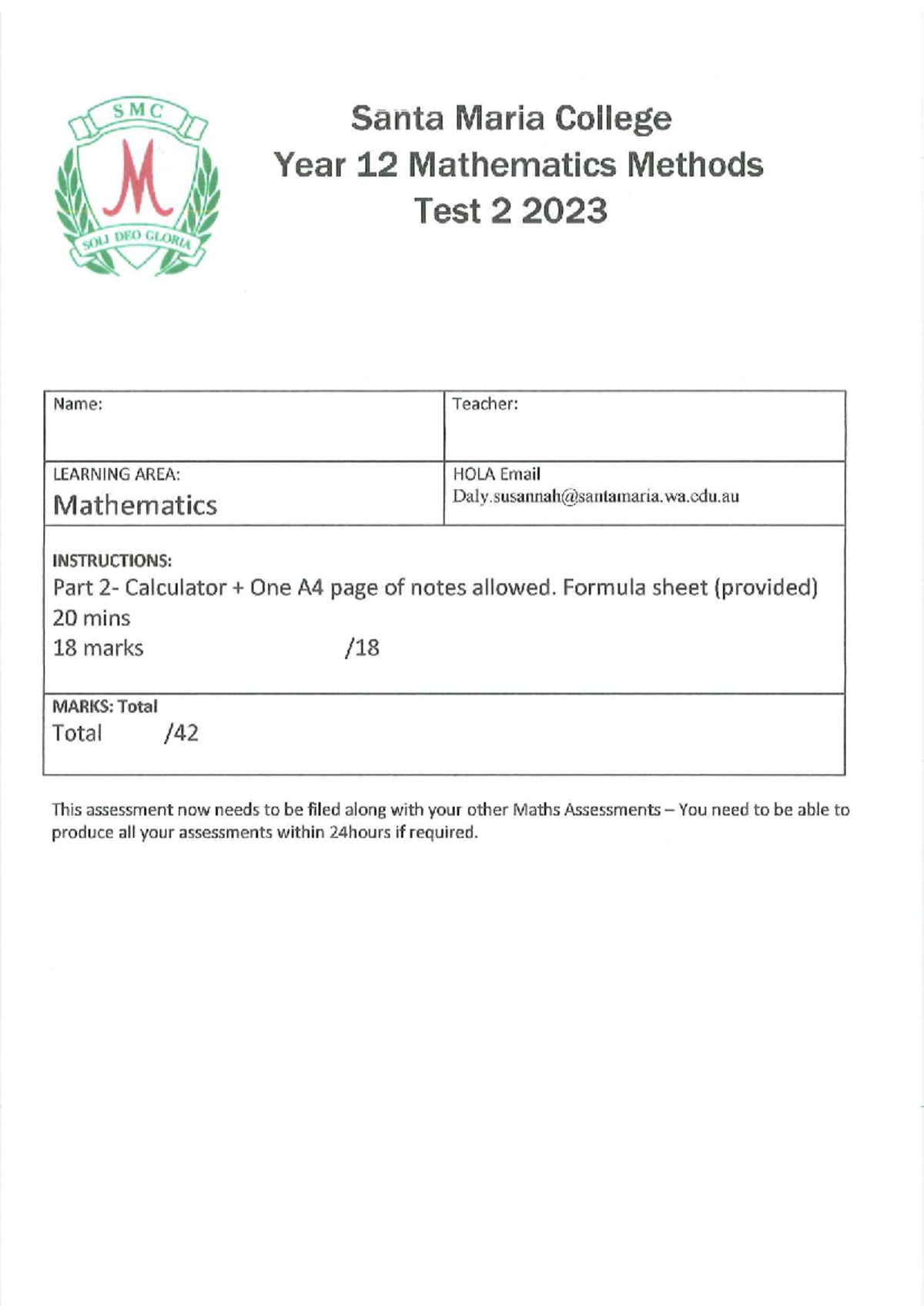 Y12 Mathematics Methods Test 2 2023: Exponentials and area under a ...