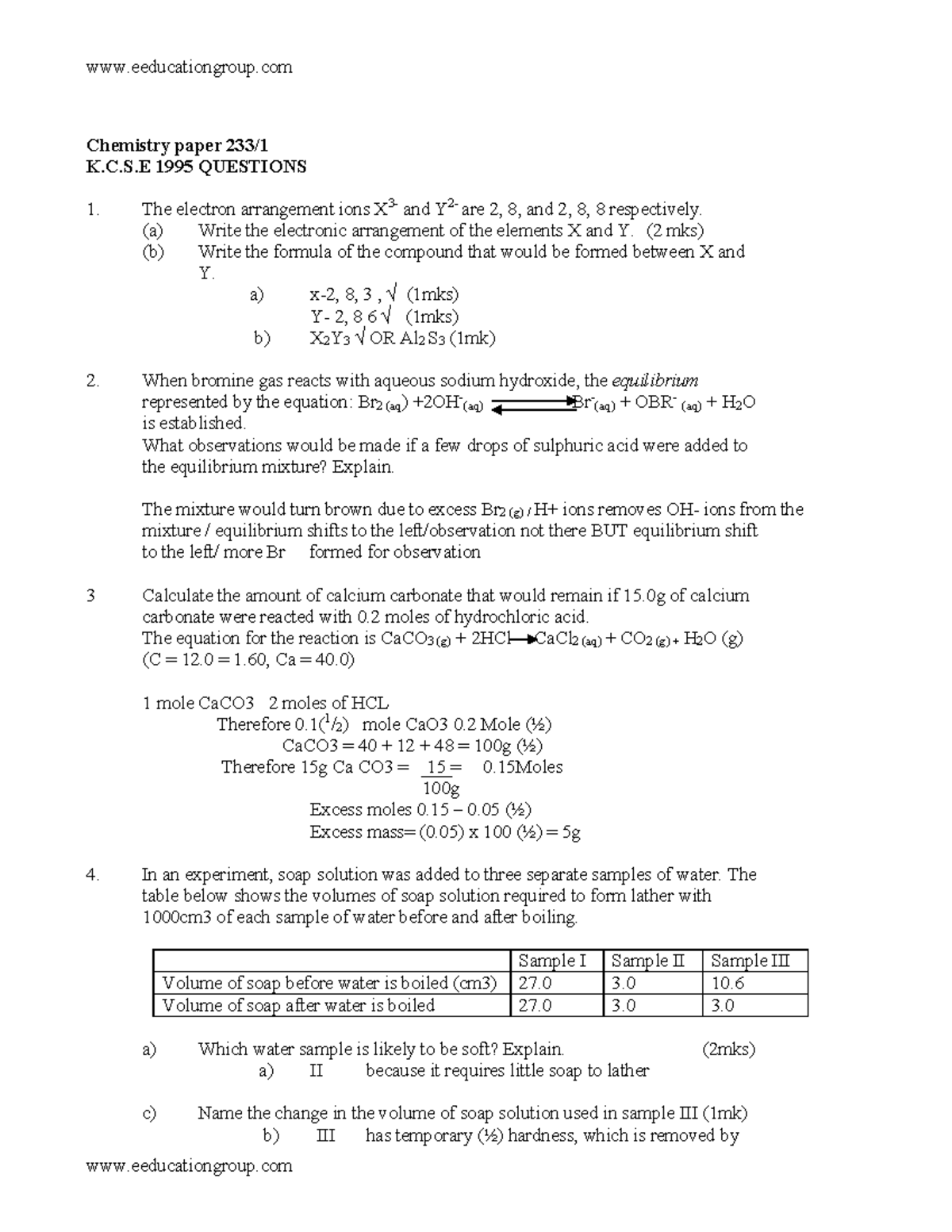 Kcse Chemistry Questions 1995 2012 Chemistry Paper 233 K C S 1995