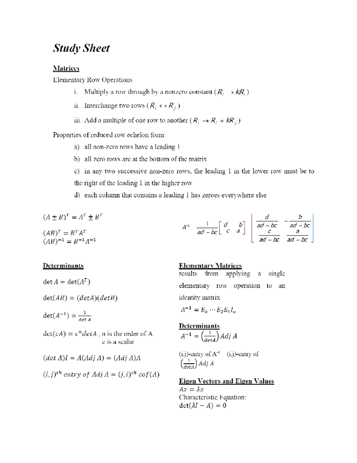1ZC3 Prep 101: Study Sheet on Matrices & Row Operations - Studocu