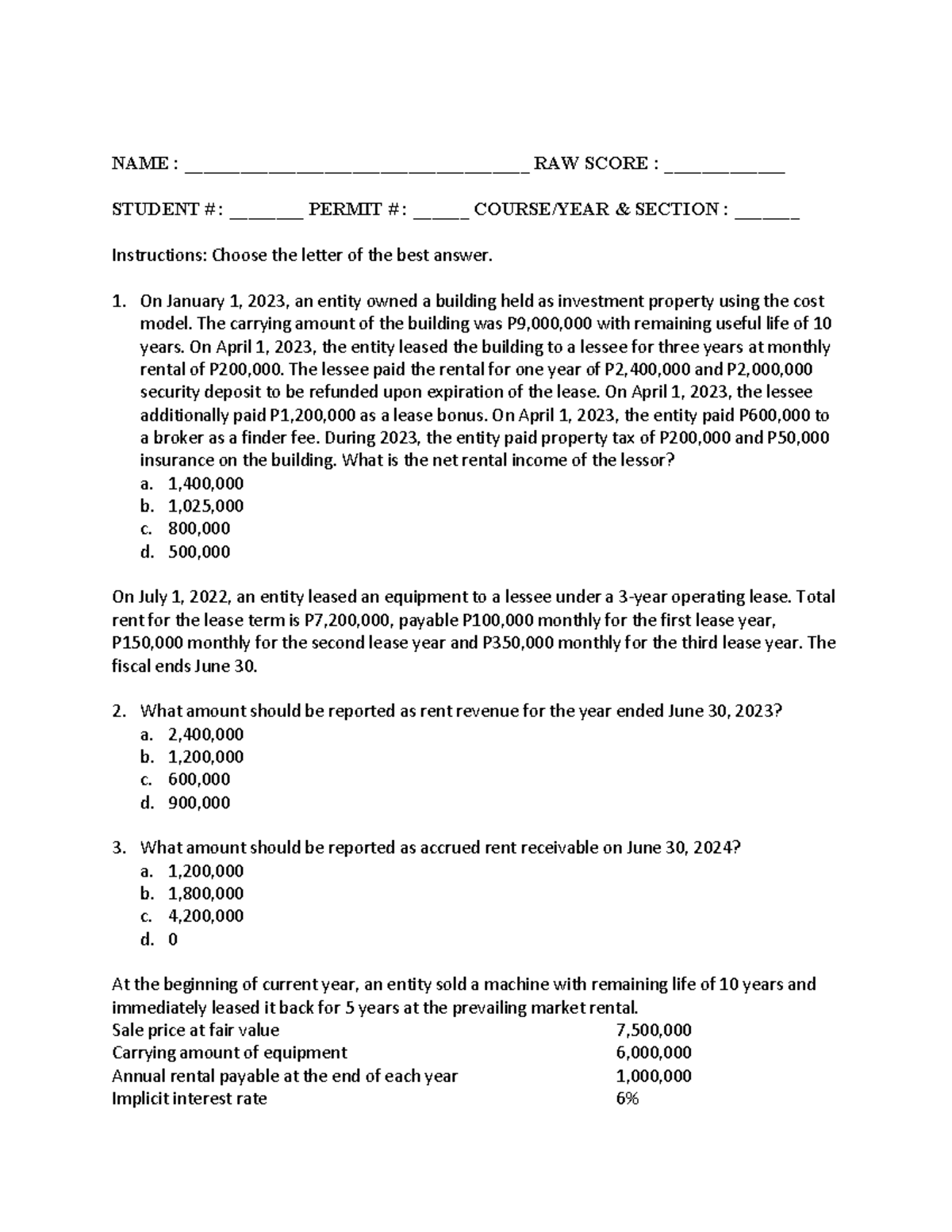Leases Quiz FAR Rev - Comprehensive Practice Questions - Studocu