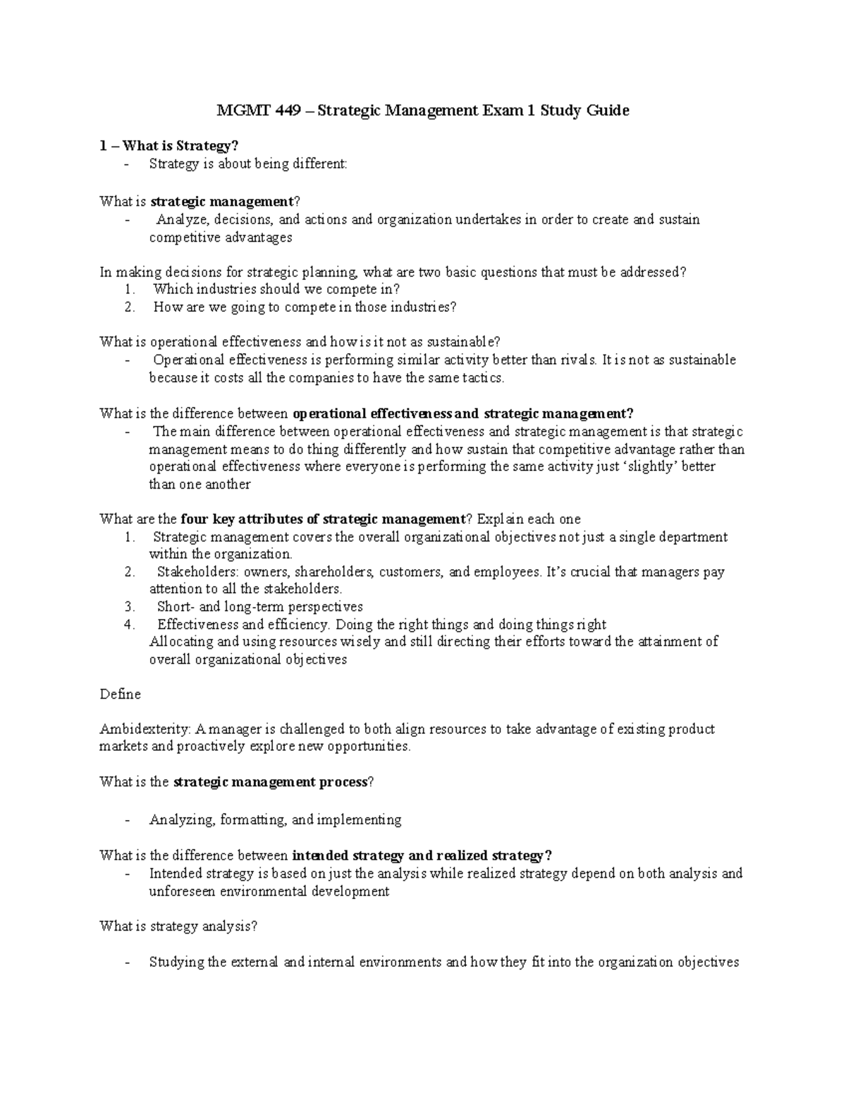 MGMT 449 - Exam 1 Strategic Management Study Guide - Studocu