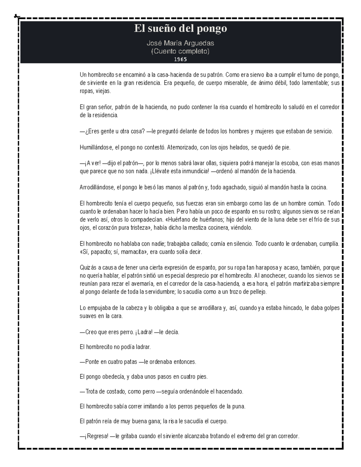 El sueño del pongo - Análisis y Reflexiones sobre el Cuento de Arguedas ...