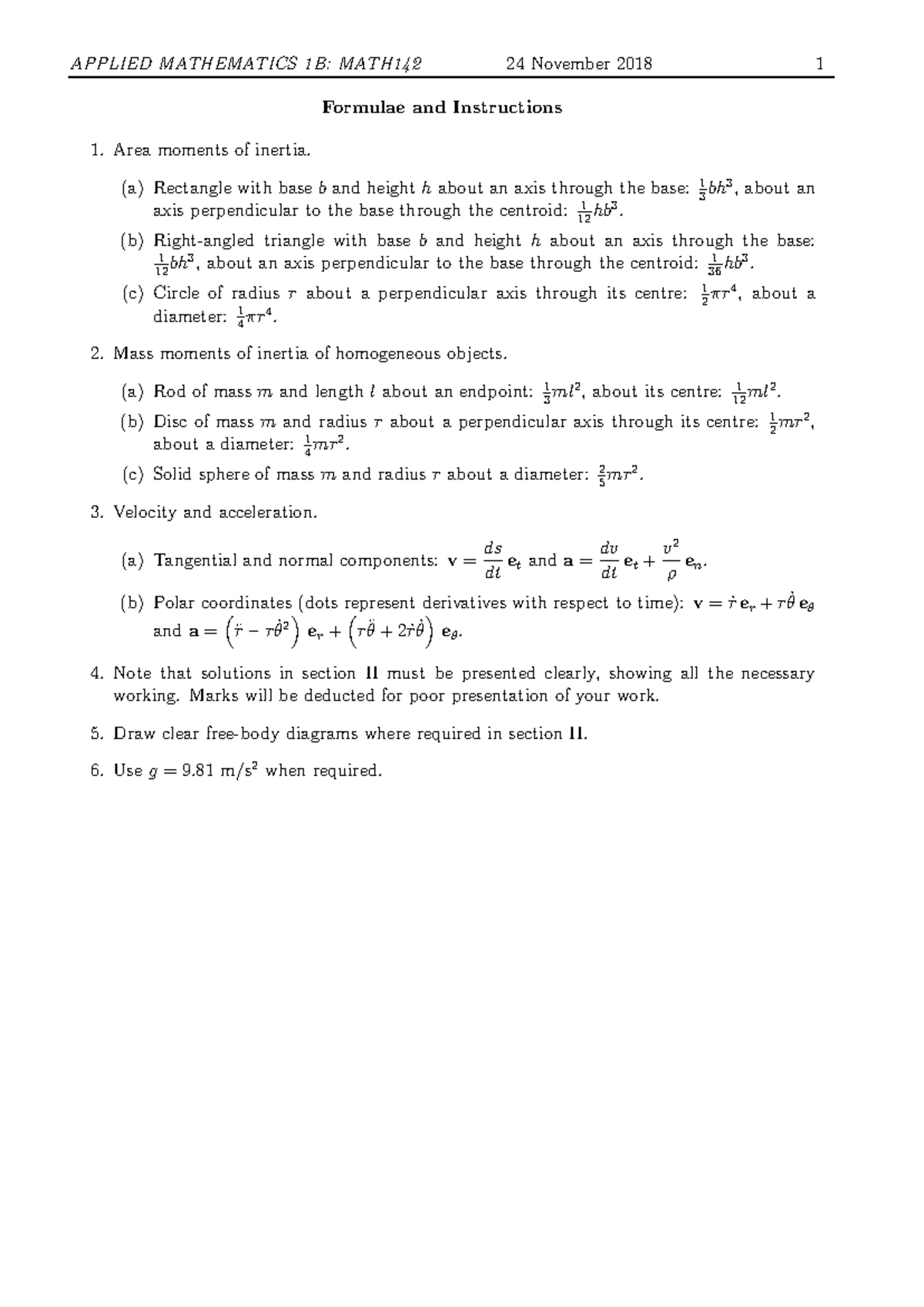 MATH142: Applied Mathematics 1B Exam Supplement - 24 Nov 2018 - Studocu