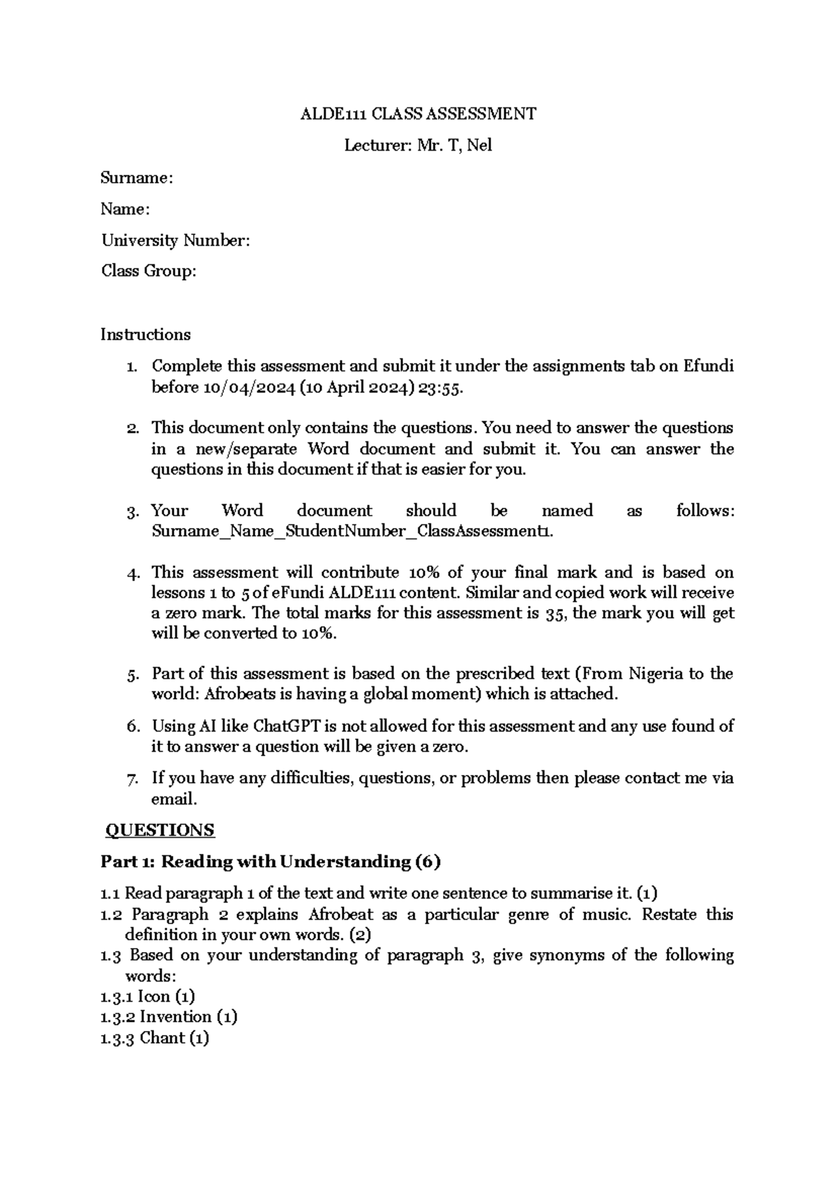 ALDE111 Class Assessment Questions: Lessons 1 to 5 Review - Studocu