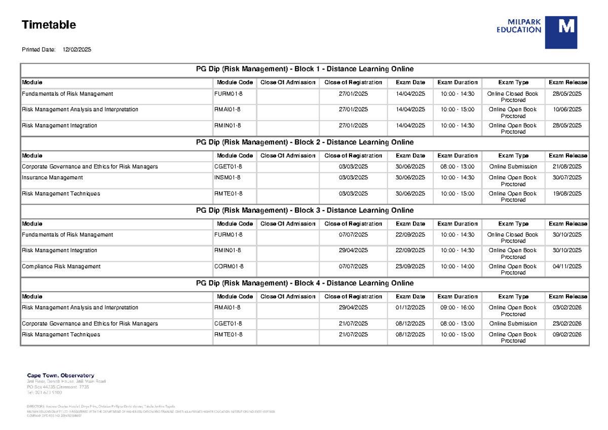 PG Dip (Risk Management) Online Exam Timetable for 2025 - Studocu
