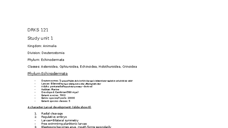 DRKS 121 Study Unit 1: Overview of Echinodermata Classes - Studocu