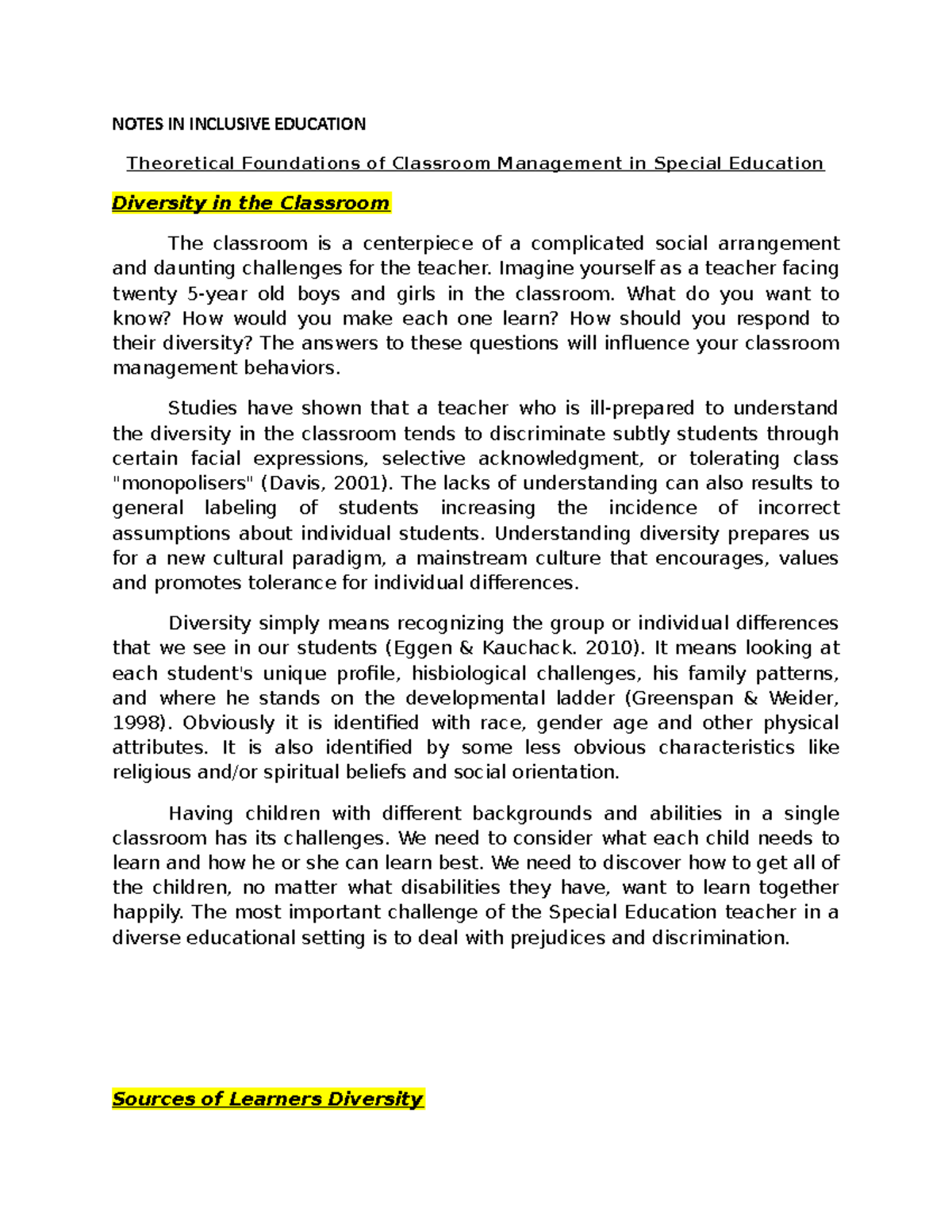 Notes IN Inclusive Education Classroom Management in Special Education ...