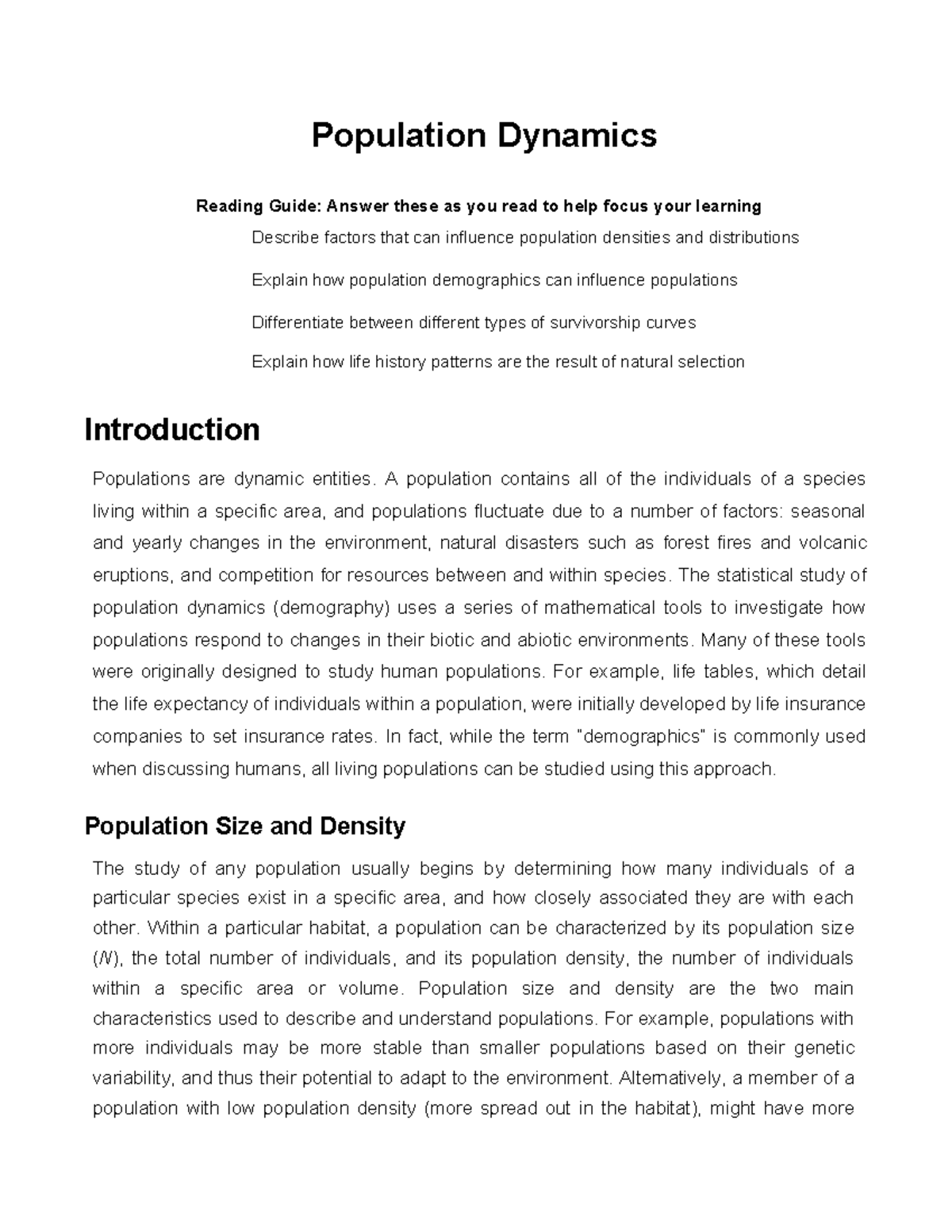 Population Dynamics - Class Notes: Key Concepts and Insights - Studocu