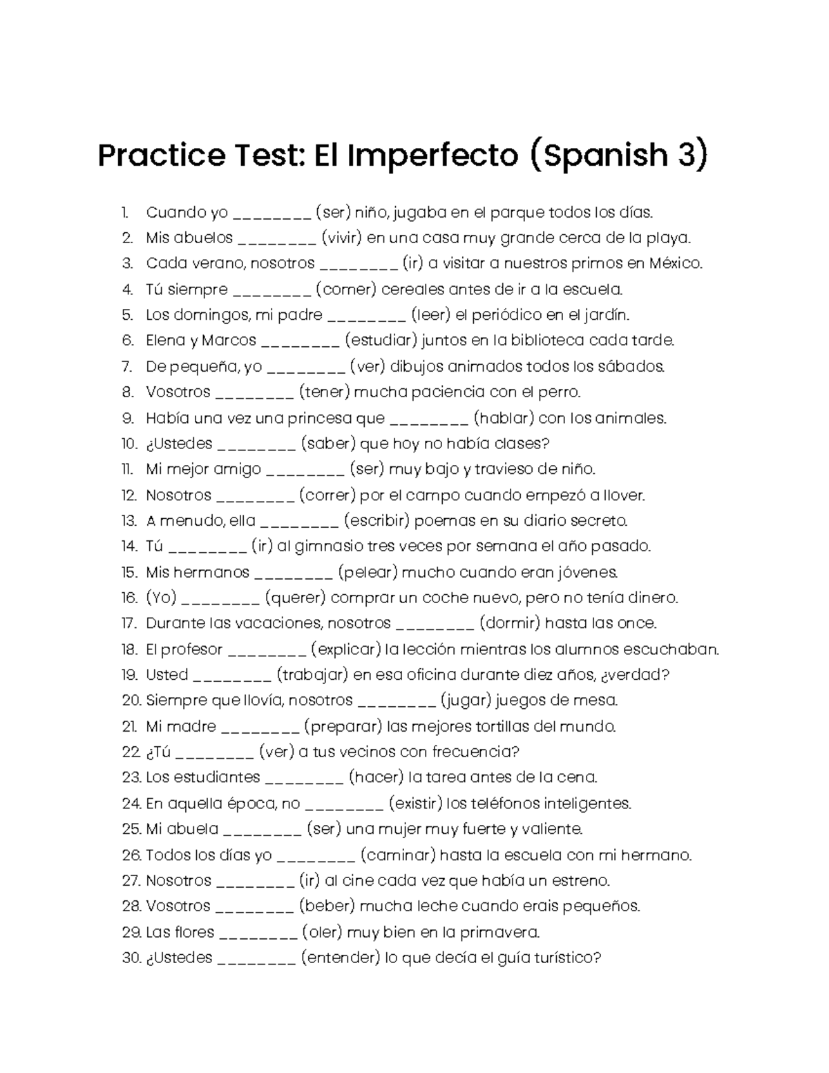 Practice Test: El Imperfecto (Spanish 3) - Version 2 - Studocu