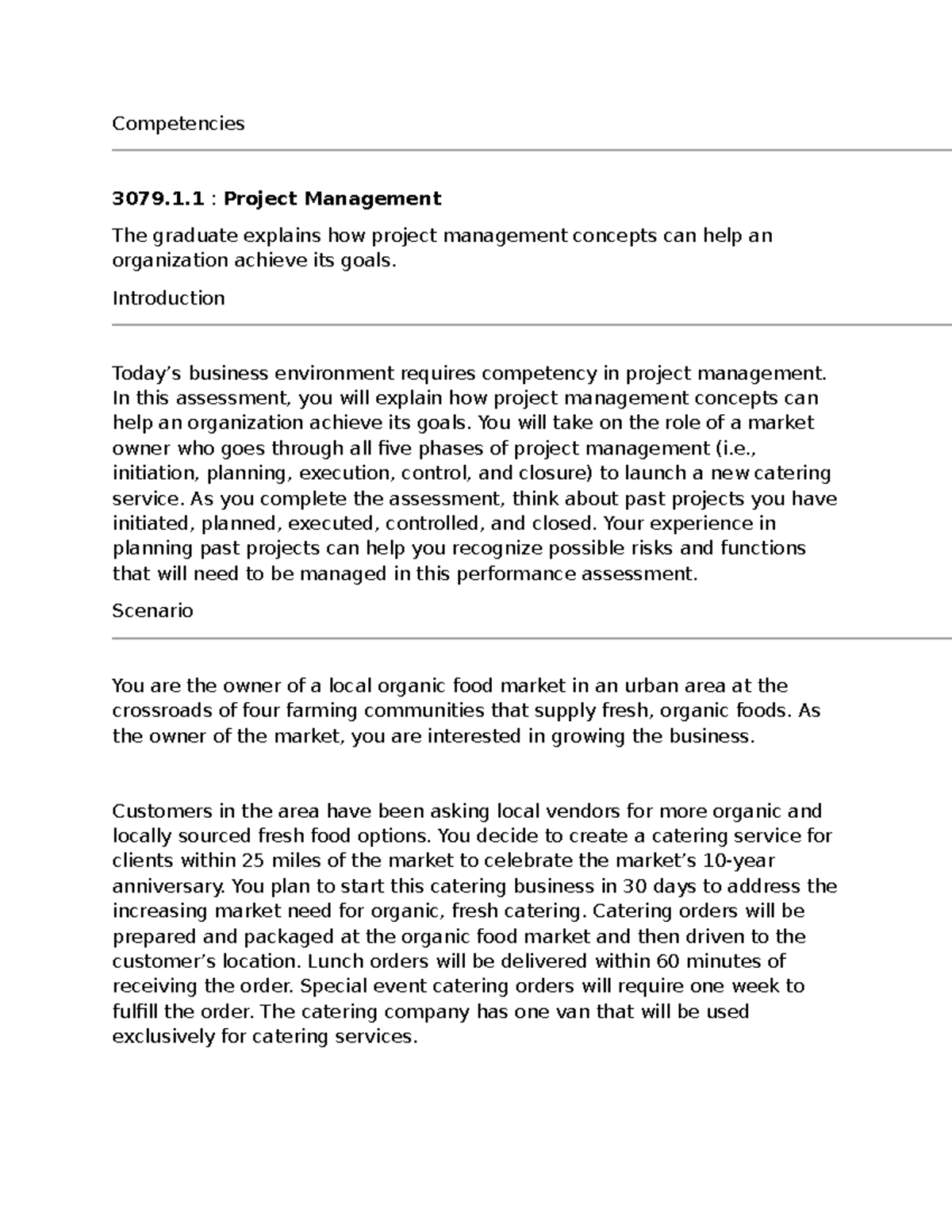 Competencies 3079.1.1: Project Management for Catering Service Launch ...