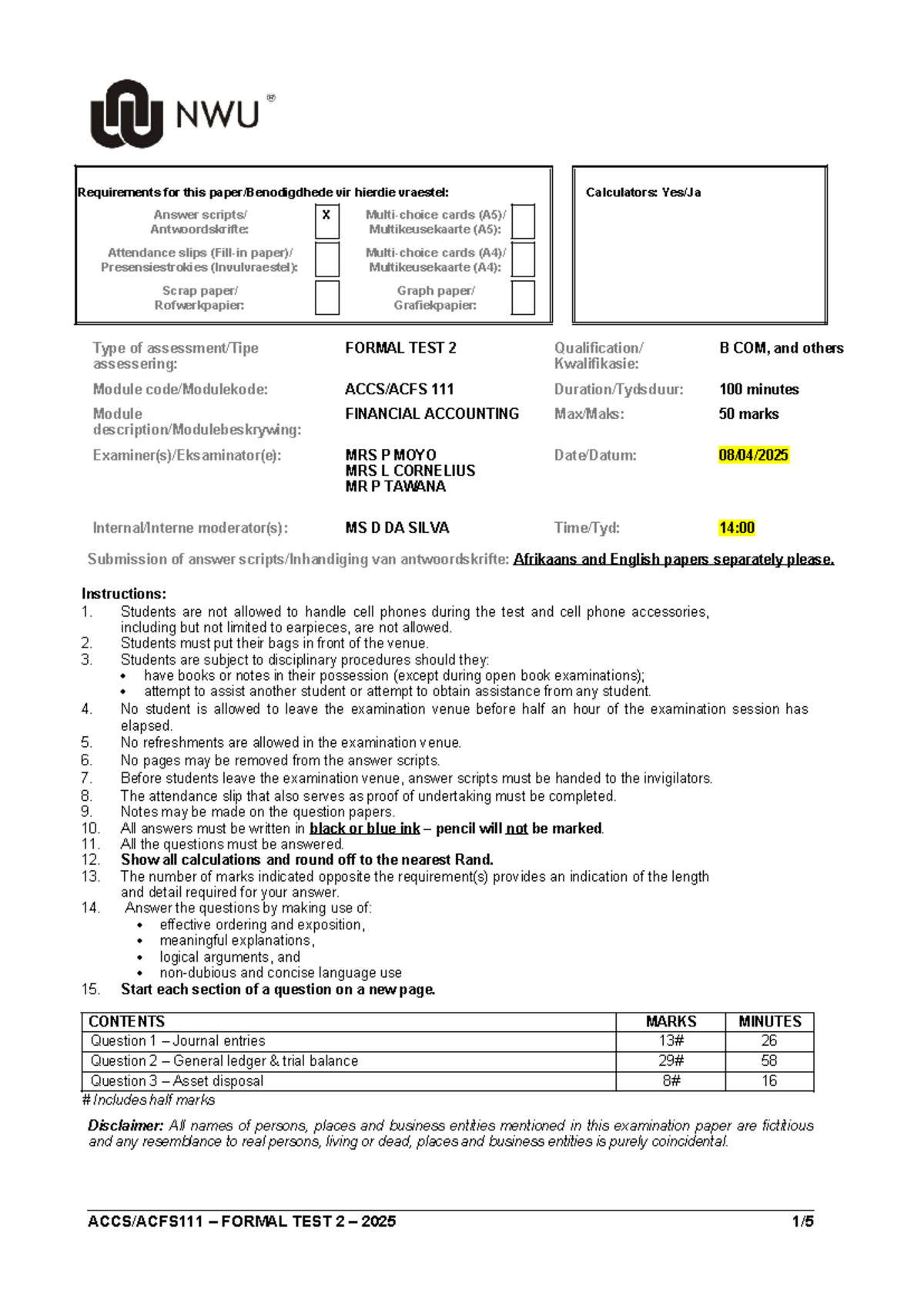 2025 ACCS111 Formal Test 2: Financial Accounting Guidelines - Studocu