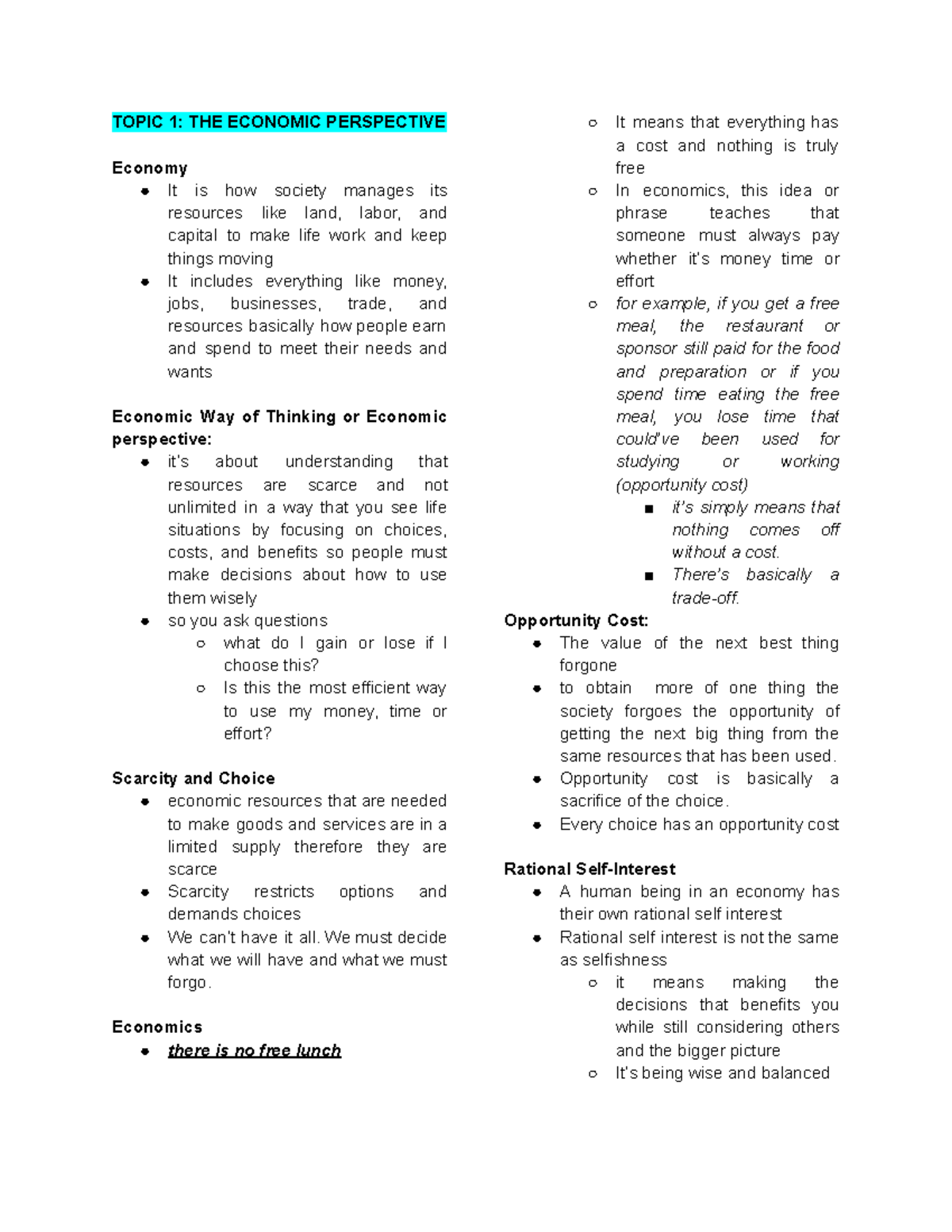 ECO 101: Economic Perspective & Methods - Study Notes on Topics 1 & 2 ...