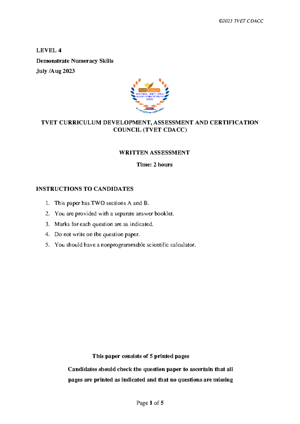 4-ICT Level 4 Numeracy Candidate Tool - Written Assessment July/Aug ...
