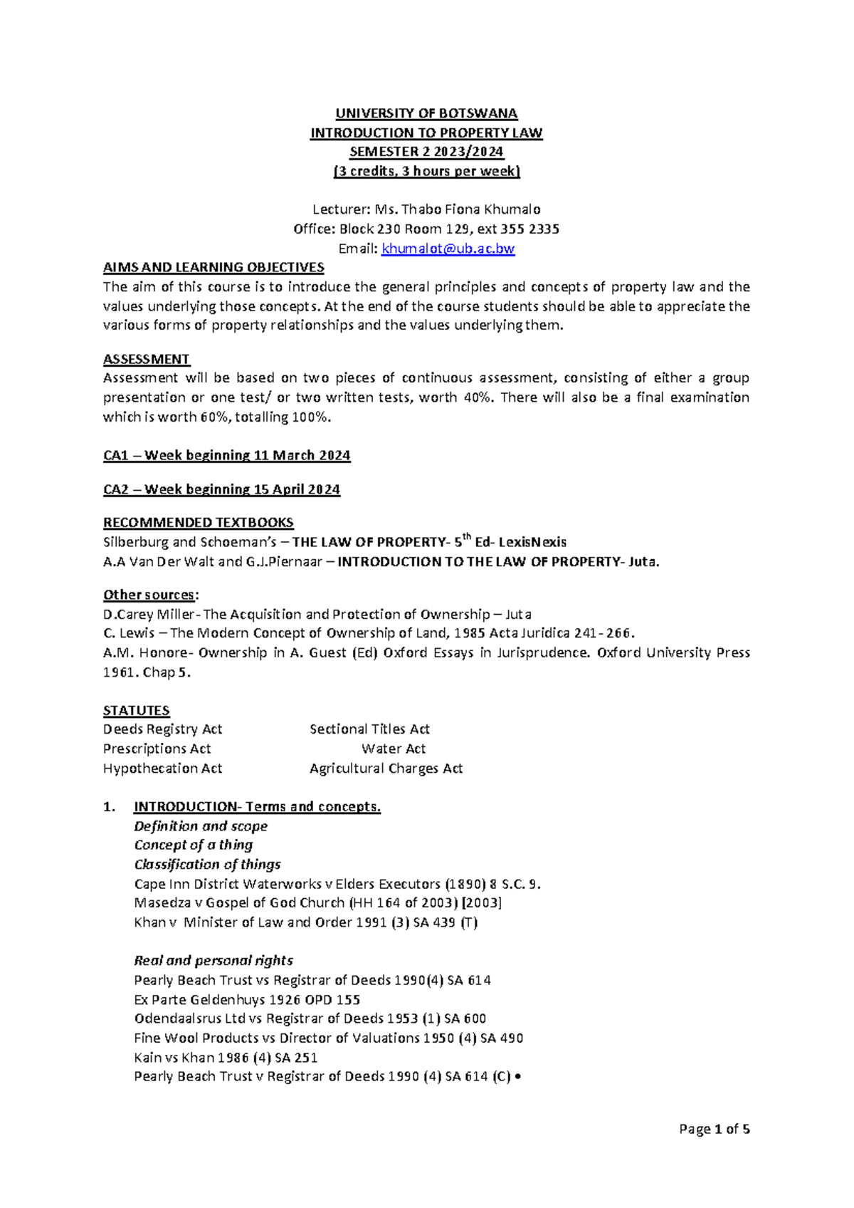 LAW 201 Outline 2024: Intro to Property Law for Semester 2 - Studocu