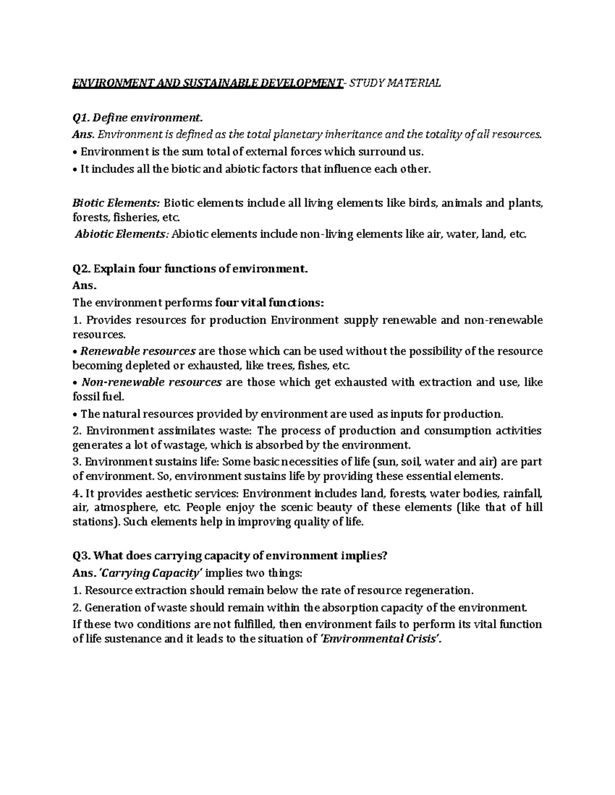 ENV 101: Environment & Sustainable Development Study Notes - Studocu