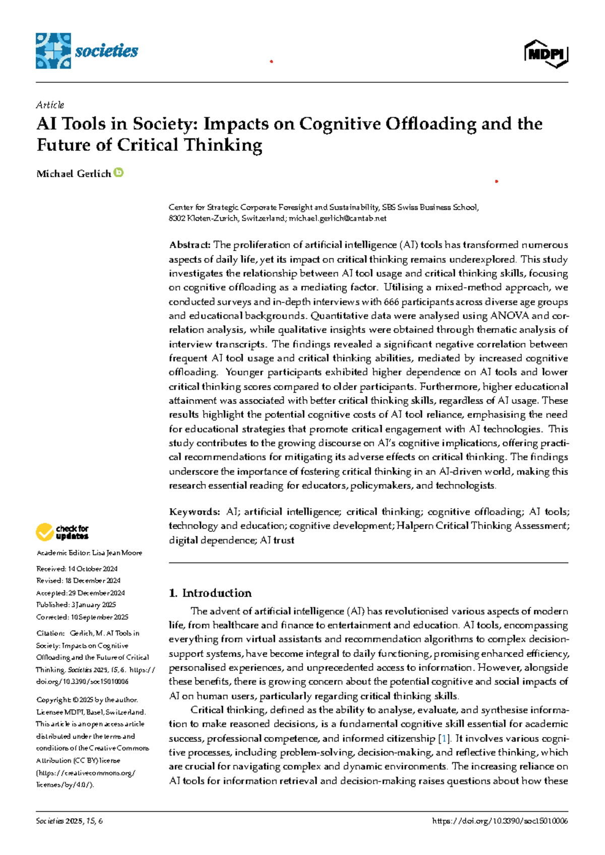 AI Tools in Society: Effects on Cognitive Offloading & Critical ...