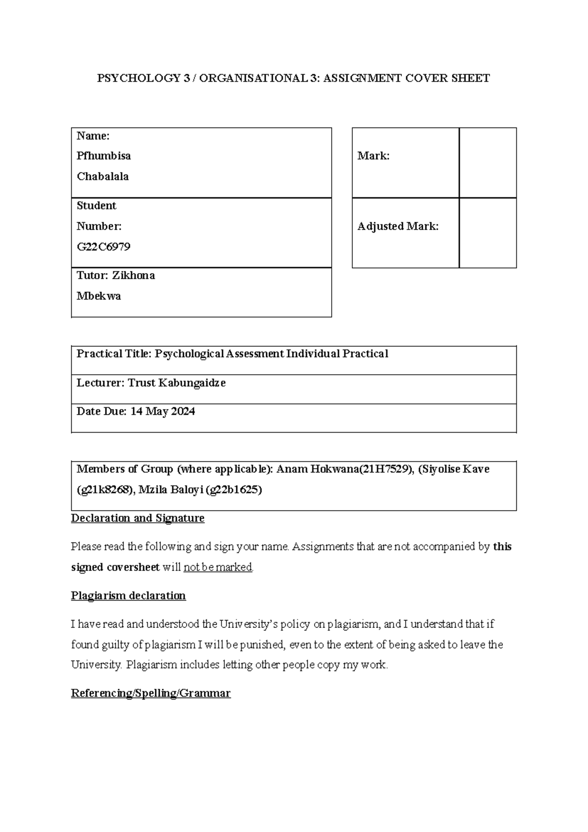 PSYCHOLOGY 3 ORGANISATIONAL 3: PSYCHOLOGICAL ASSESSMENT GROUP PRACTICAL ...