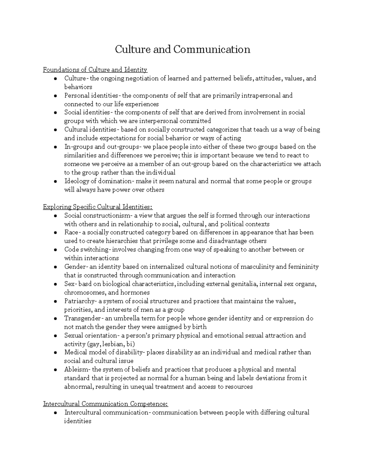 Chapter 8 Notes - Culture and Communication Foundations of Culture and ...