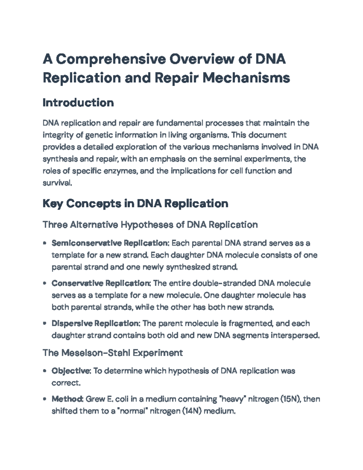 Comprehensive Overview of DNA Replication and Repair Mechanisms - A ...