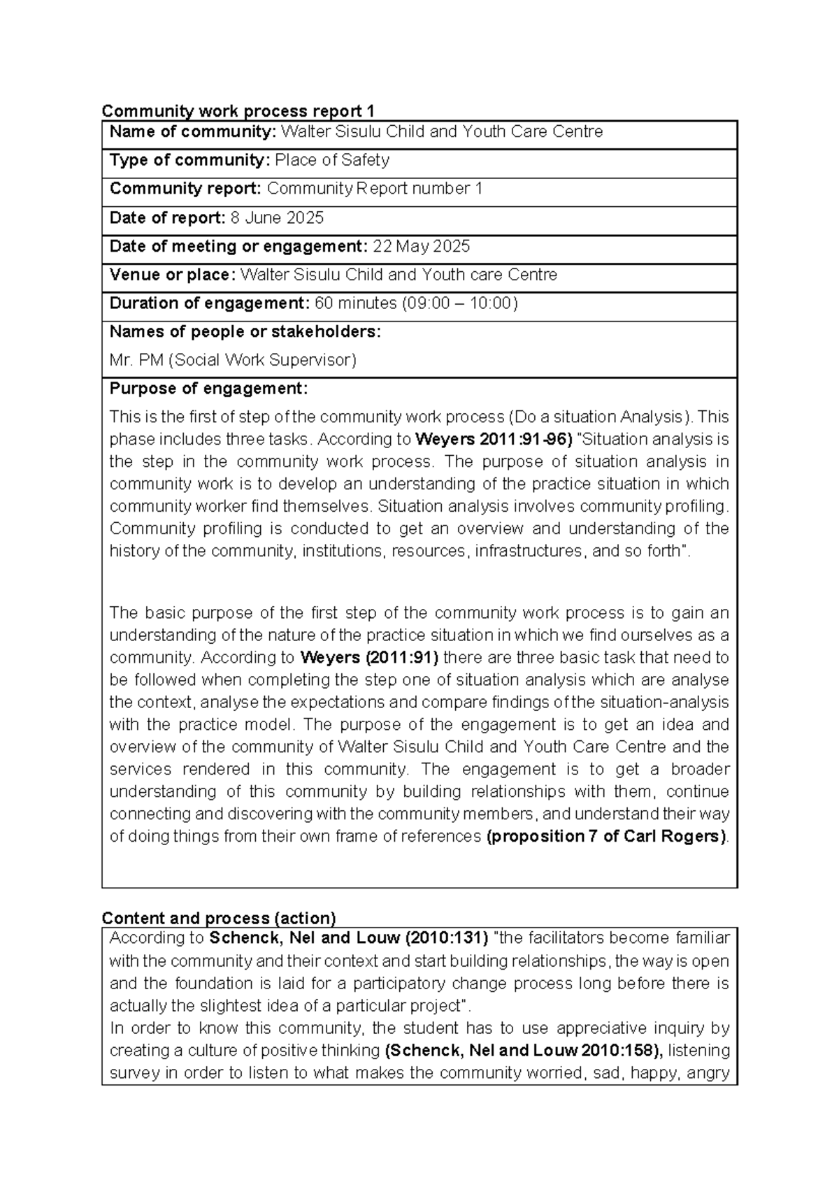 Community Work Process Report 1: Walter Sisulu Centre Analysis - Studocu