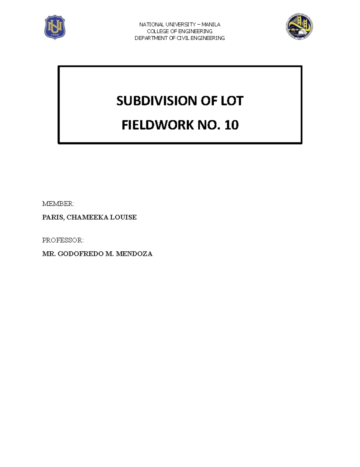 Fieldwork No. 10: Subdivision of Lots in Civil Engineering - Studocu