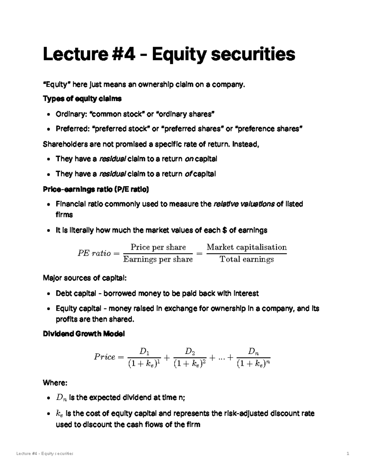 Lecture 4: Equity Securities Overview and Key Concepts (2026 S1) - Studocu