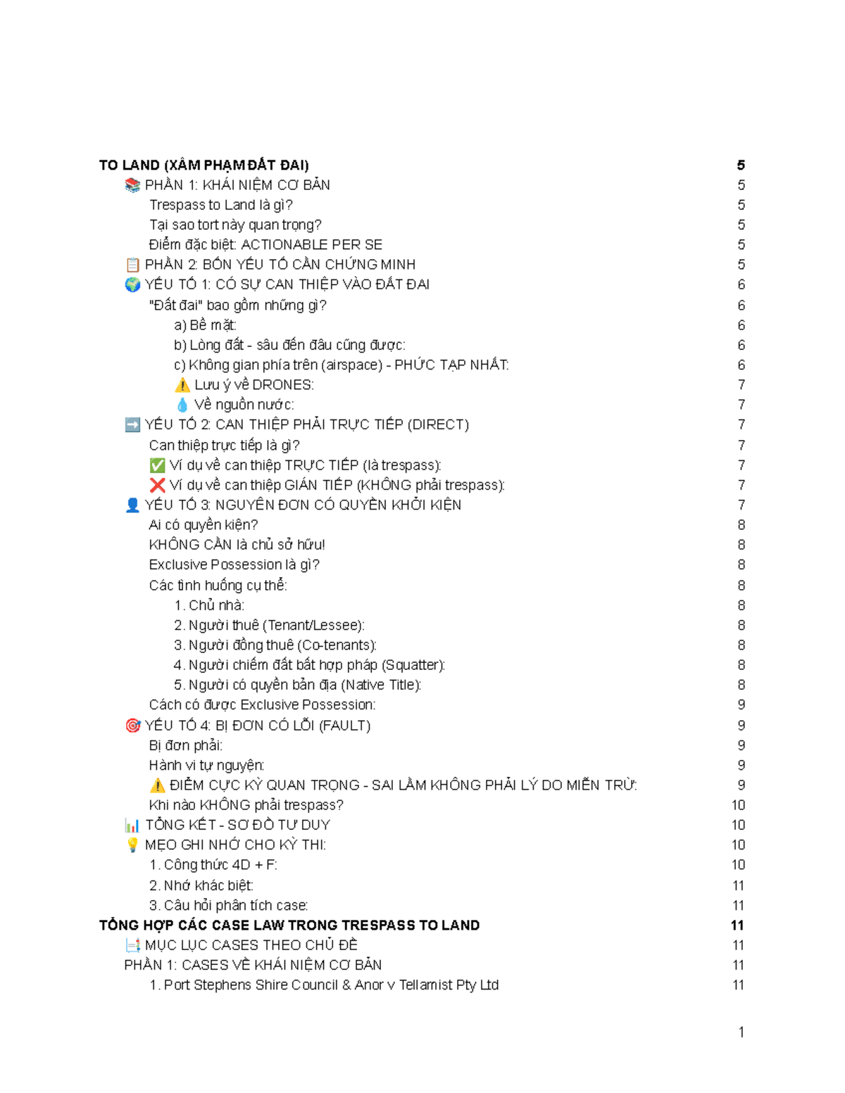 TORT LAW NOTES (LAWS 101): TRESPASS TO LAND - PHẦN 1 & 2 - Studocu