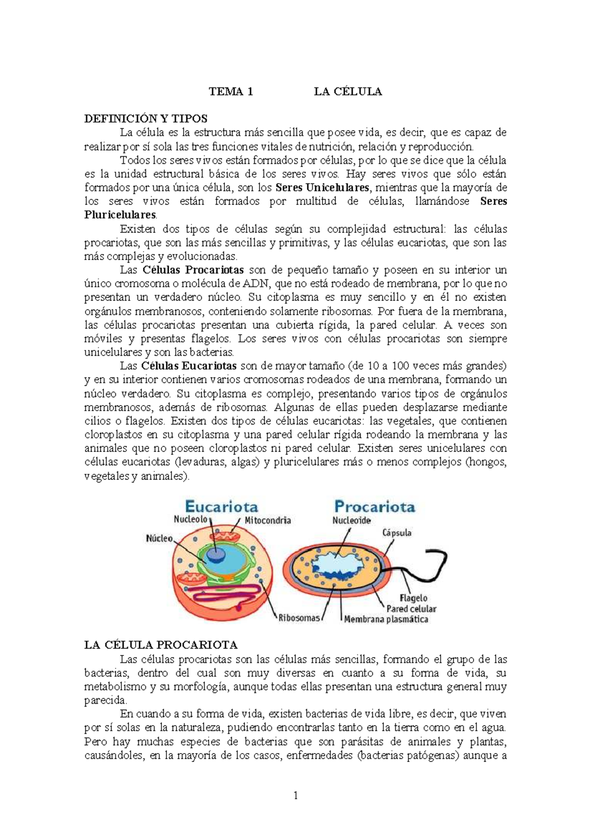 TEMA 1: LA CÉLULA - DEFINICIÓN Y TIPOS DE CÉLULAS - Studocu
