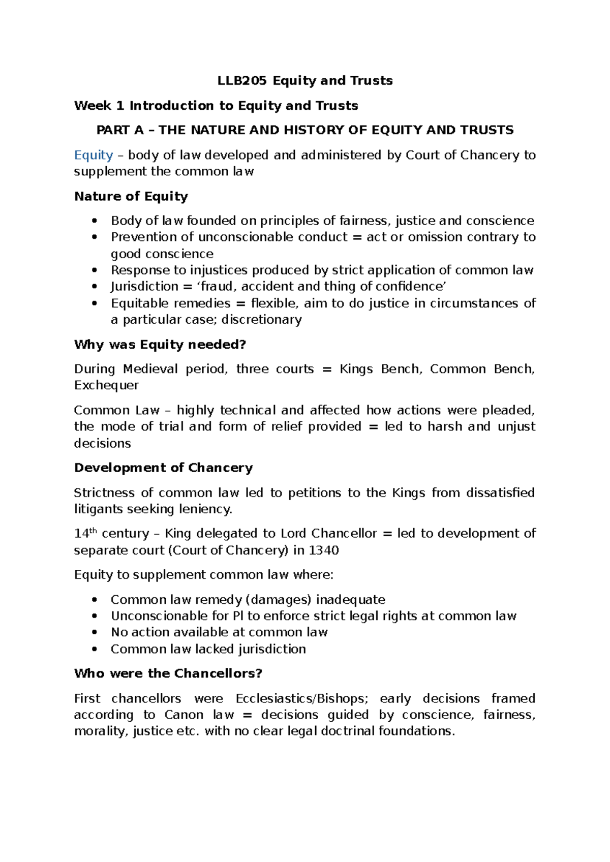 LLB205 Equity and Trusts Week 1 Lecture Notes: Nature & History of ...