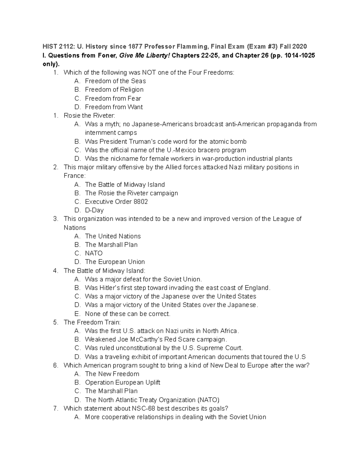 HIST 2112 FA2020 Final - HIST 2112: U. History since 1877 Professor ...