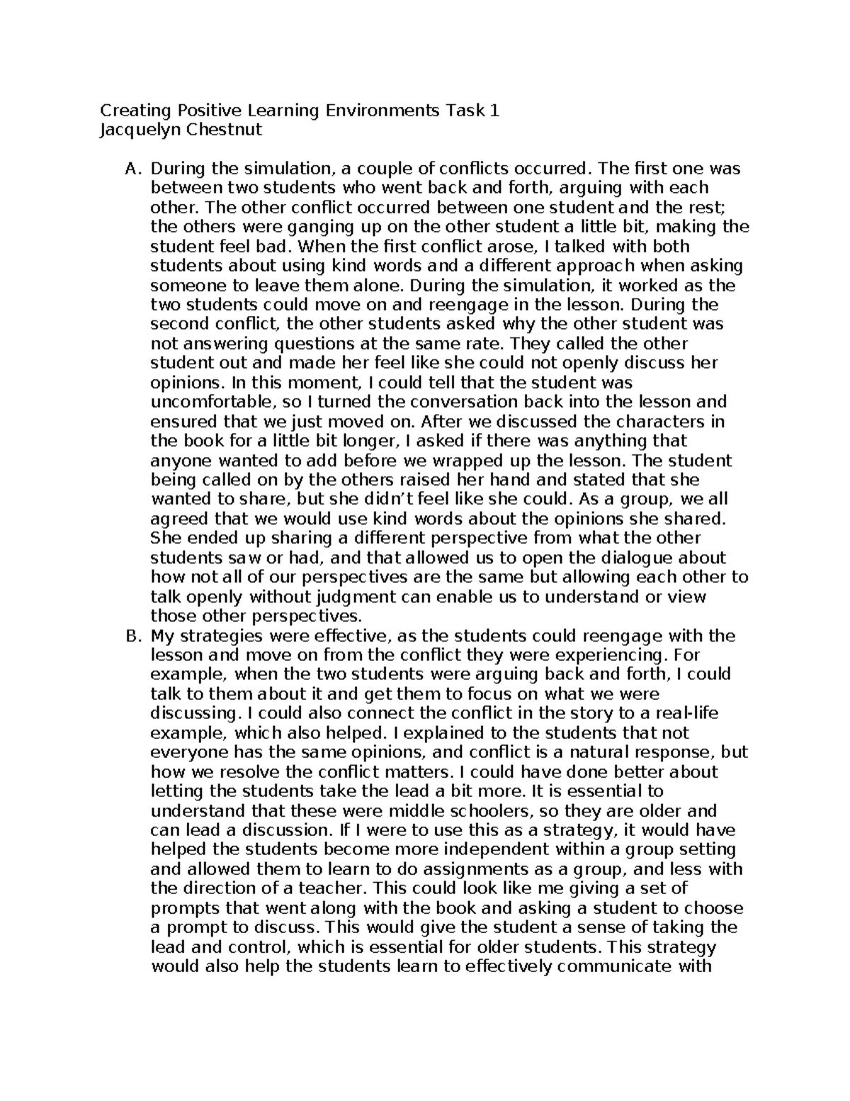 Creating Positive Learning Environments: Performance Task 1 - Studocu