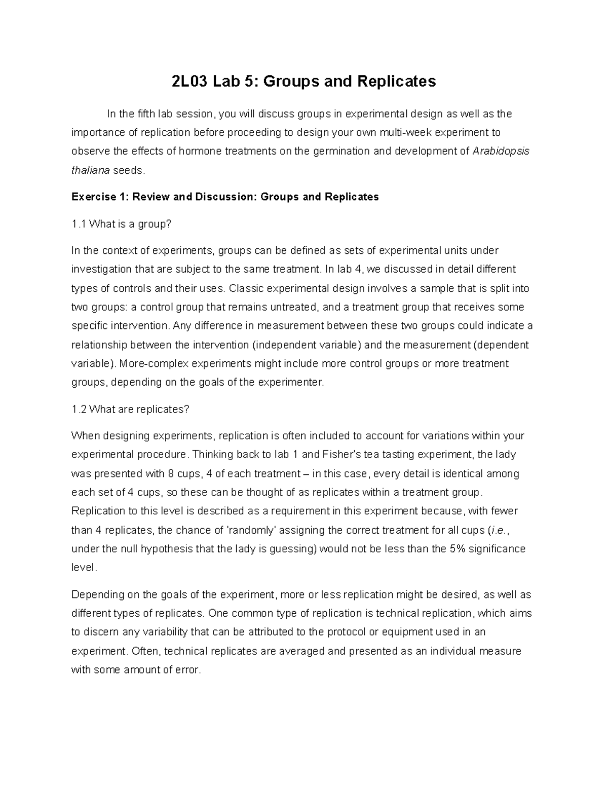 2L03 Lab 5 Manual: Understanding Groups and Replicates in Experiments ...