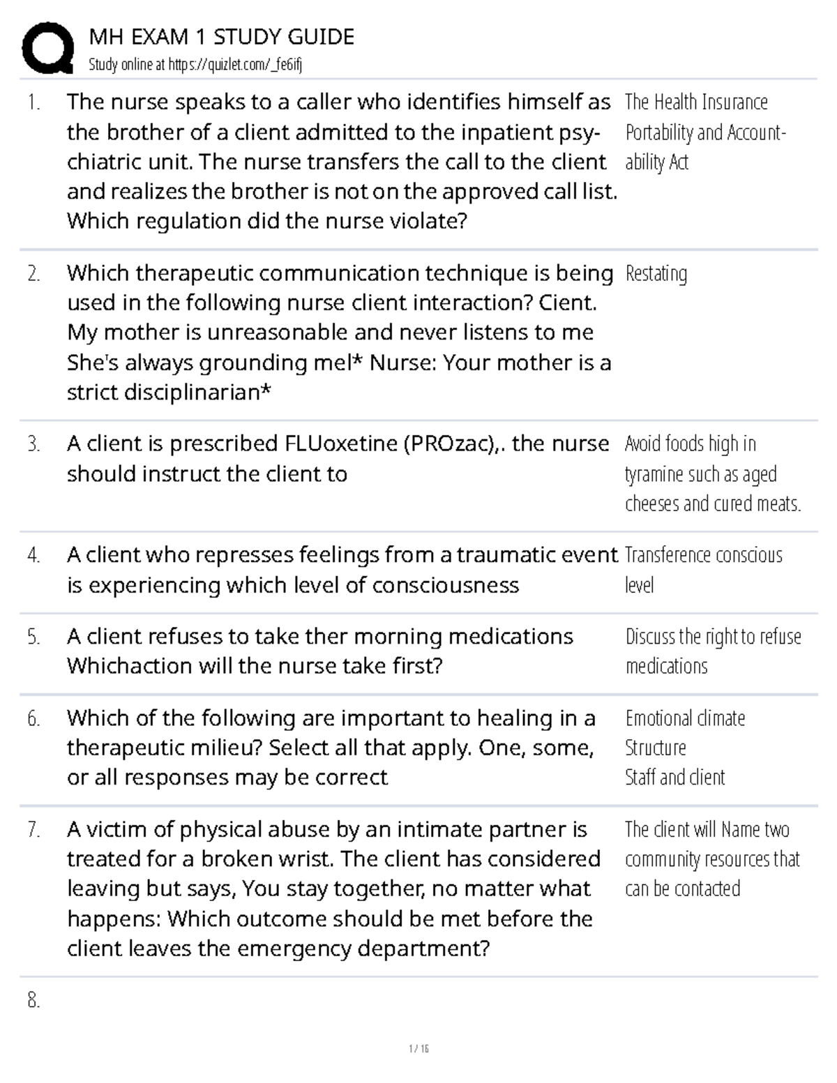 MH 1 FINAL EXAM STUDY GUIDE: Key Concepts in Mental Health Care - Studocu