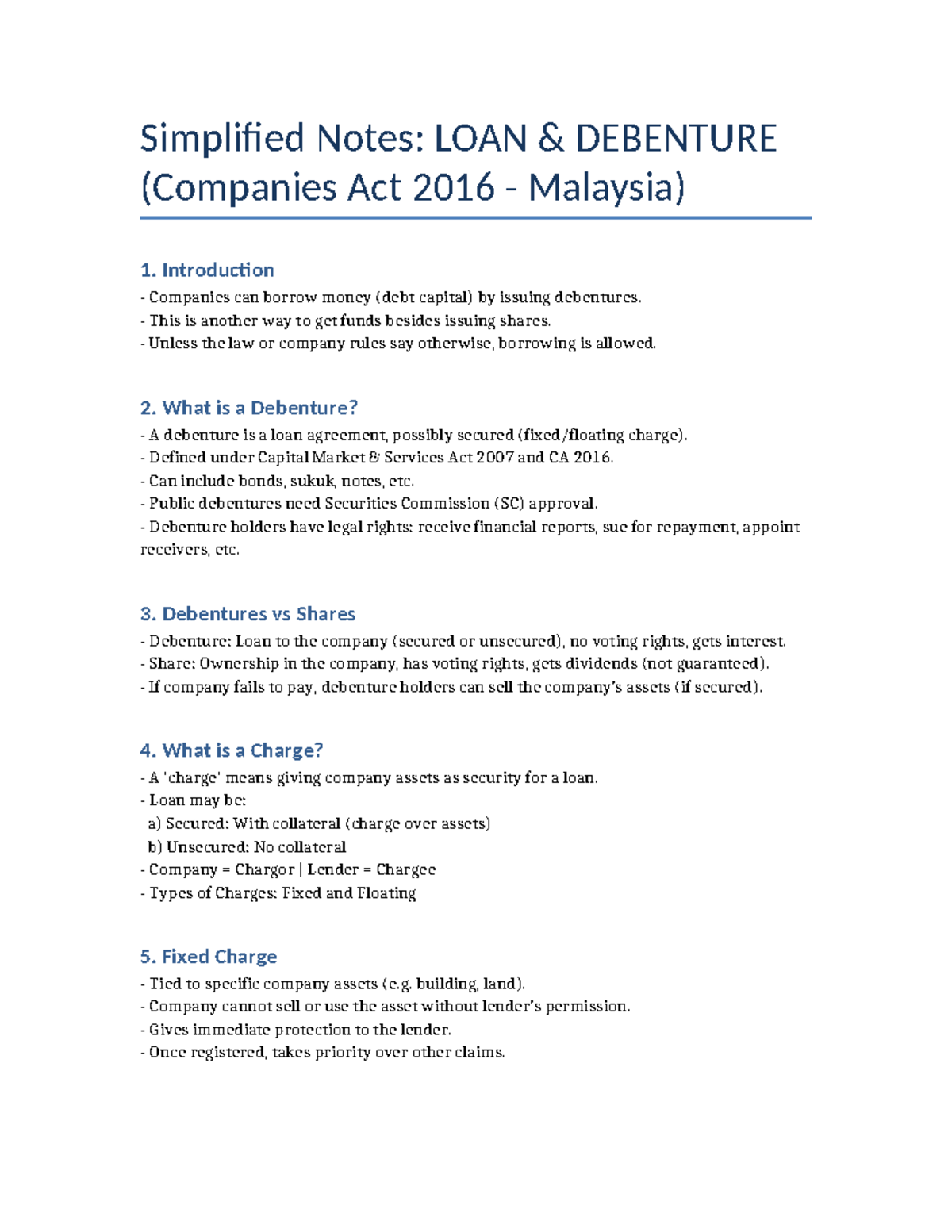 Simplified Notes on Loan Debentures (Companies Act 2016) - Studocu