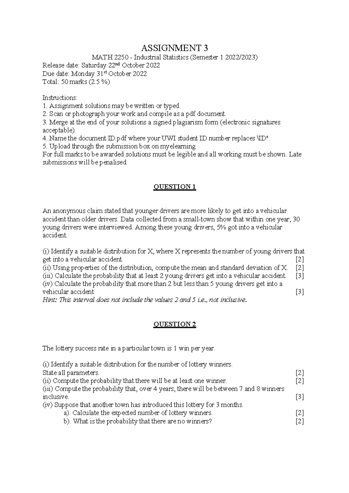 MATH 2250 Assignment 3 2022 - ASSIGNMENT 3 MATH 2250 - Industrial ...