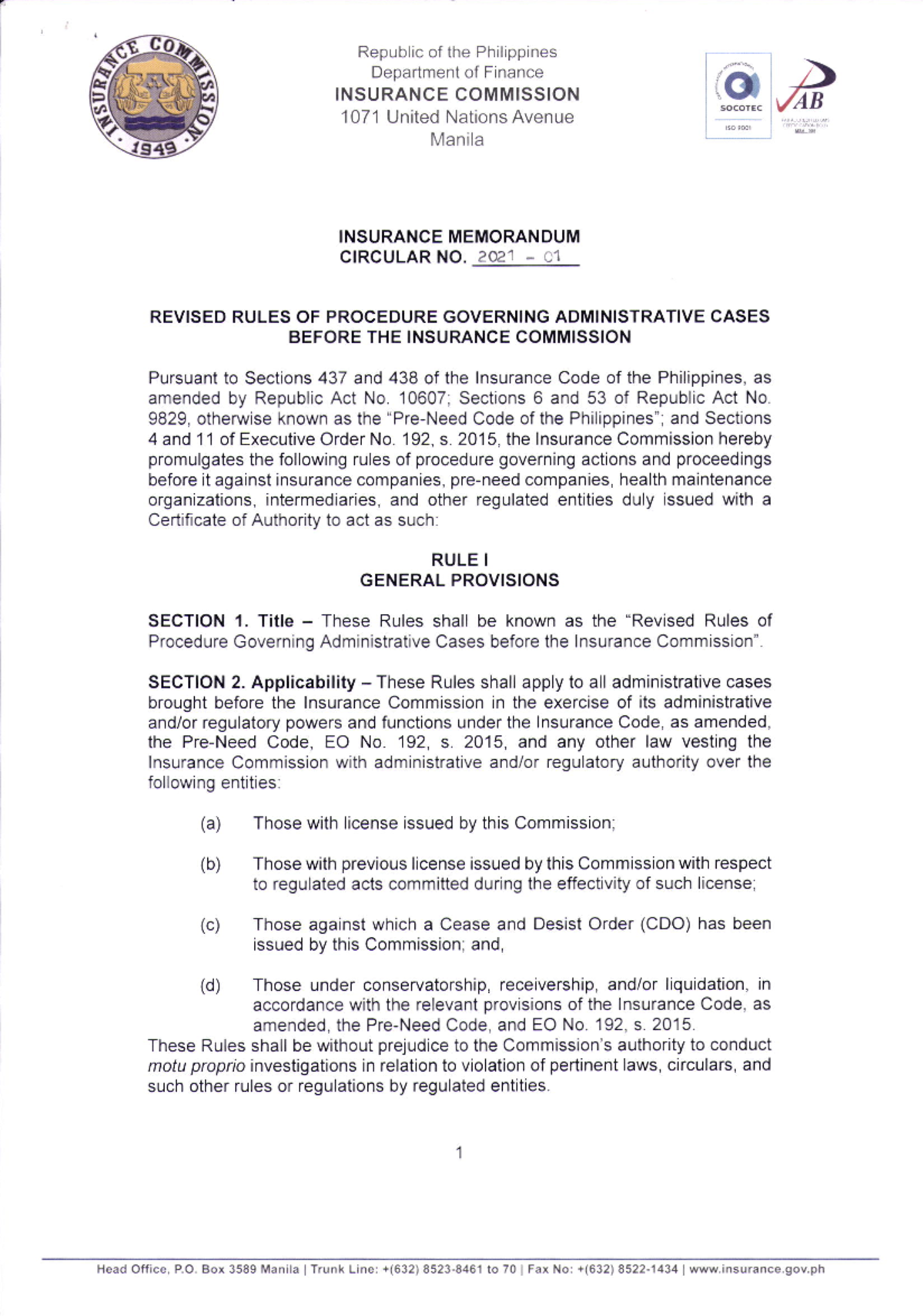 IMC No. 2021-01 Revised Admin Procedure Rules for Insurance Cases - Studocu