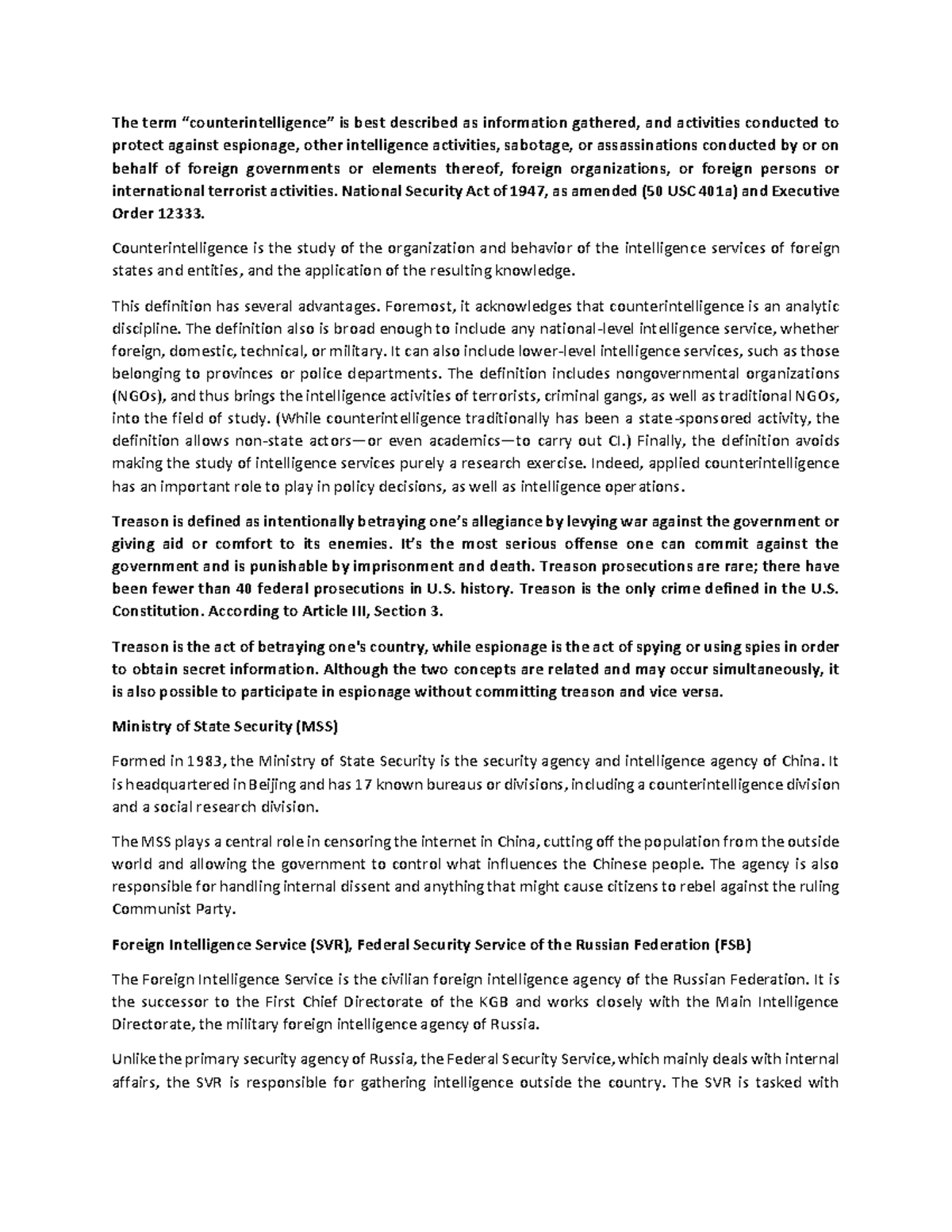 Counterintelligence Insights: Espionage & Treason Overview - Studocu
