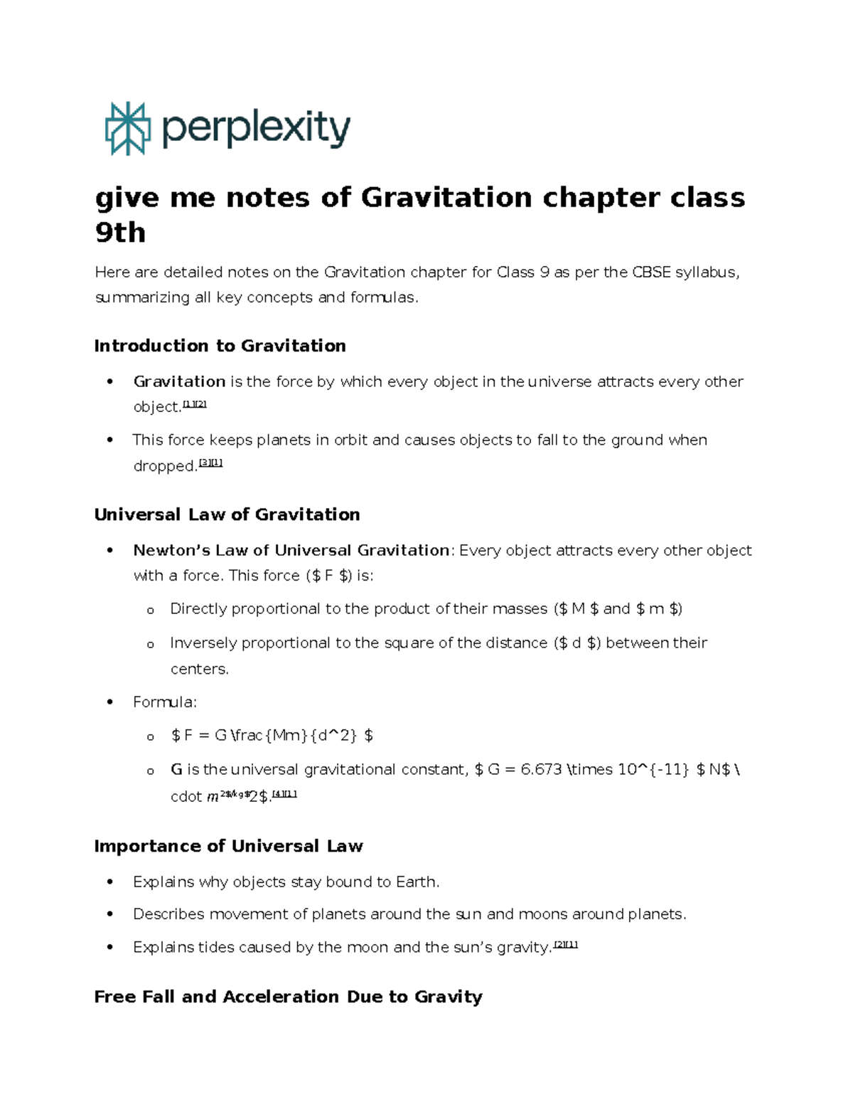 Gravitation Chapter Notes for Class 9 (CBSE) - Studocu