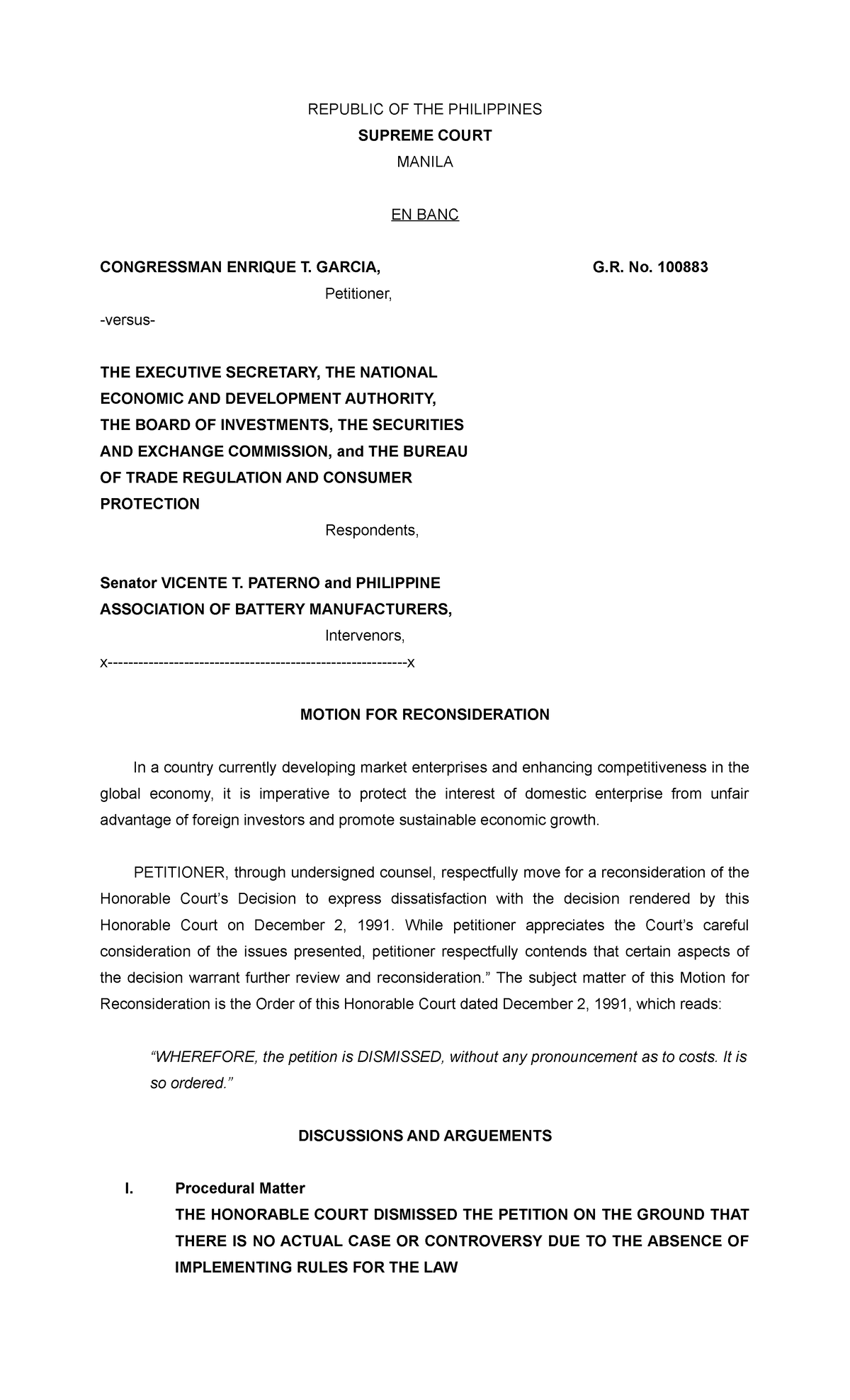 Sample of Motion for Reconsideration - REPUBLIC OF THE PHILIPPINES ...