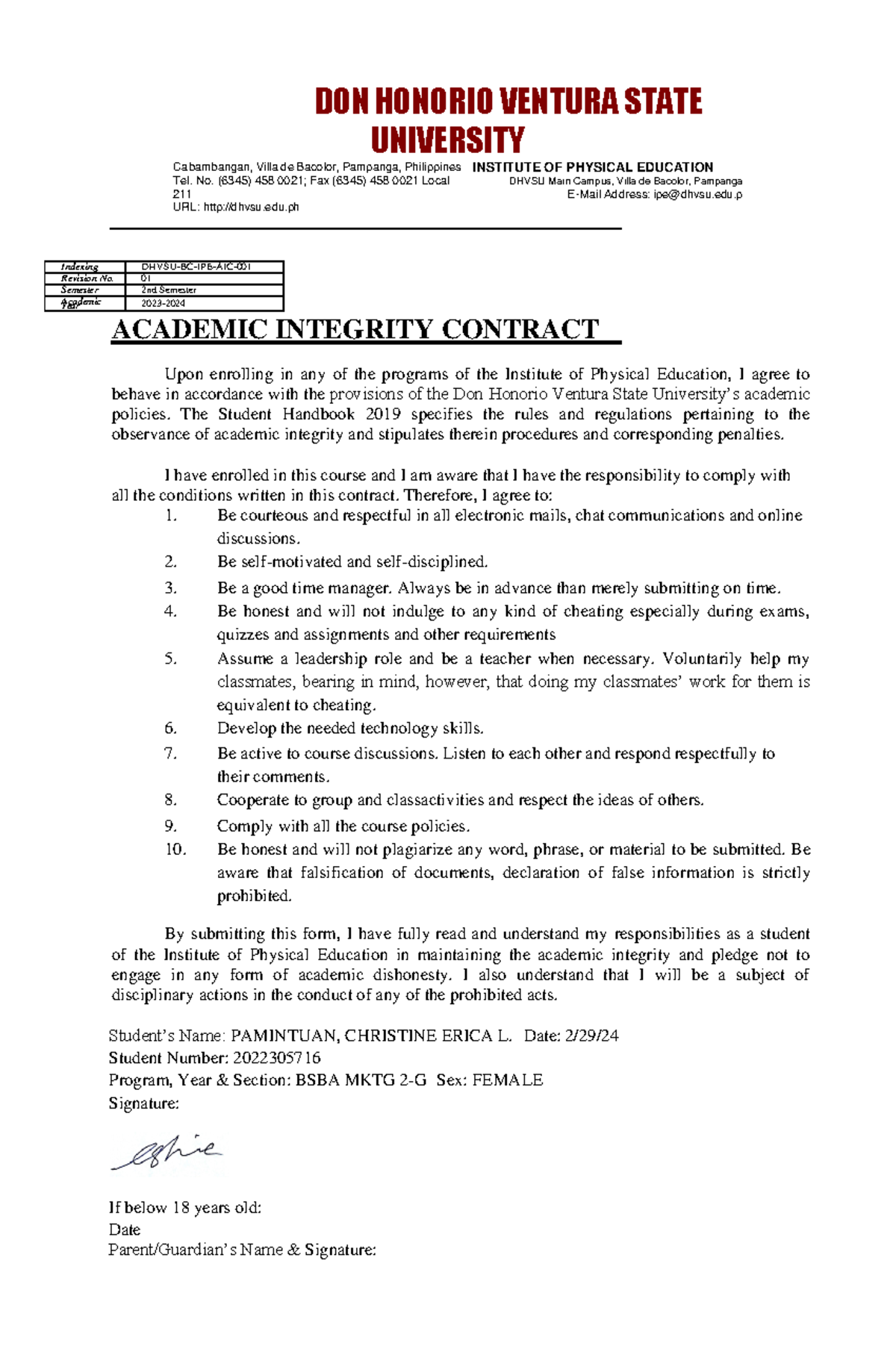 Academic Integrity Contract - DHVSU IPE 2nd Sem AY 2023-2024 - Studocu