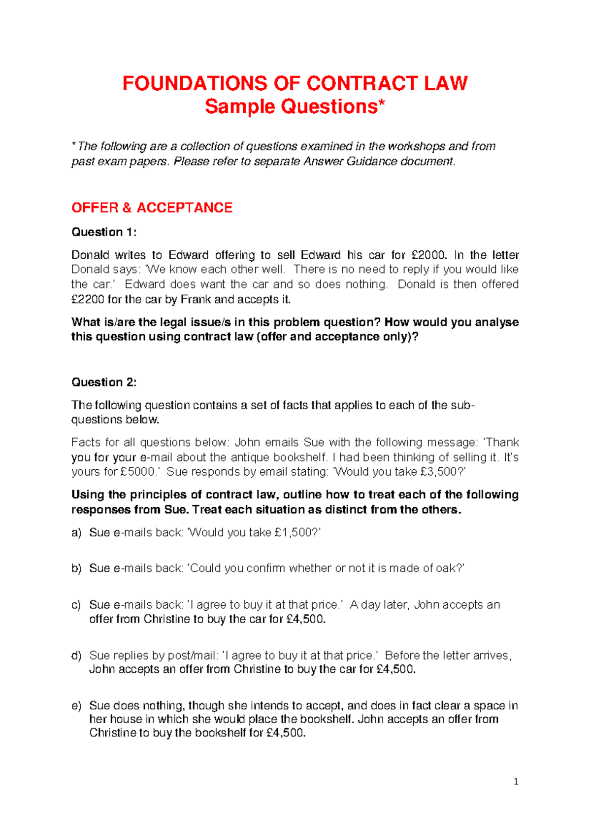 Revision Questions - FOUNDATIONS OF CONTRACT LAW Sample Questions* The ...