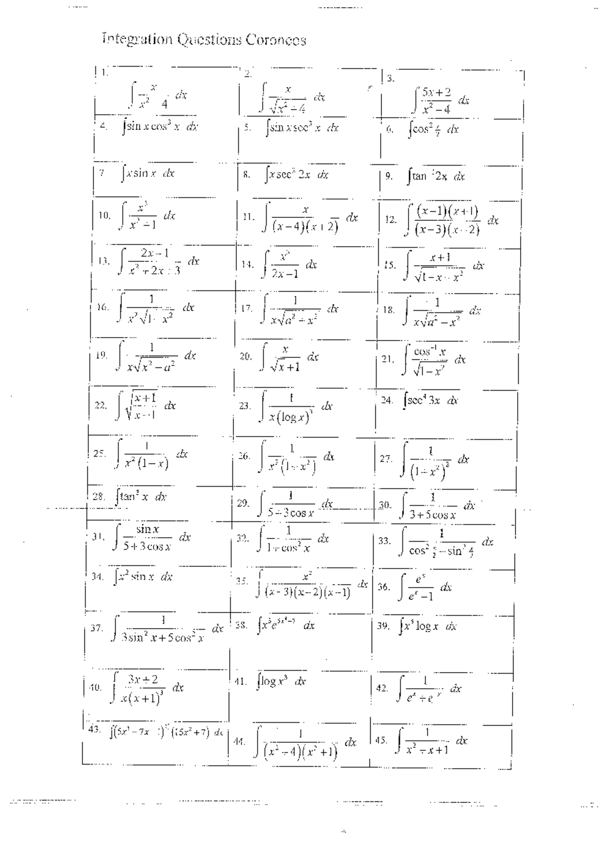 Integration Questions for Extension 2 Maths (100 Integrals) - Studocu