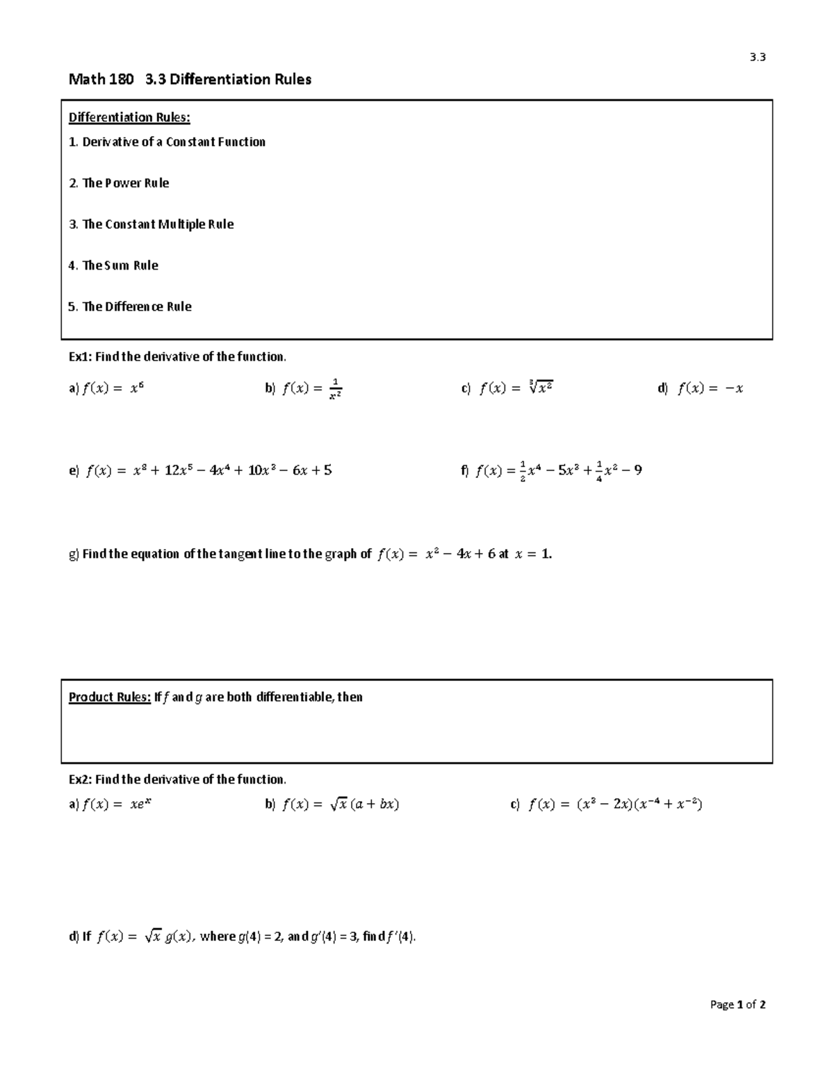 Math 180: 3.3 Differentiation Rules and Examples for Derivatives - Studocu