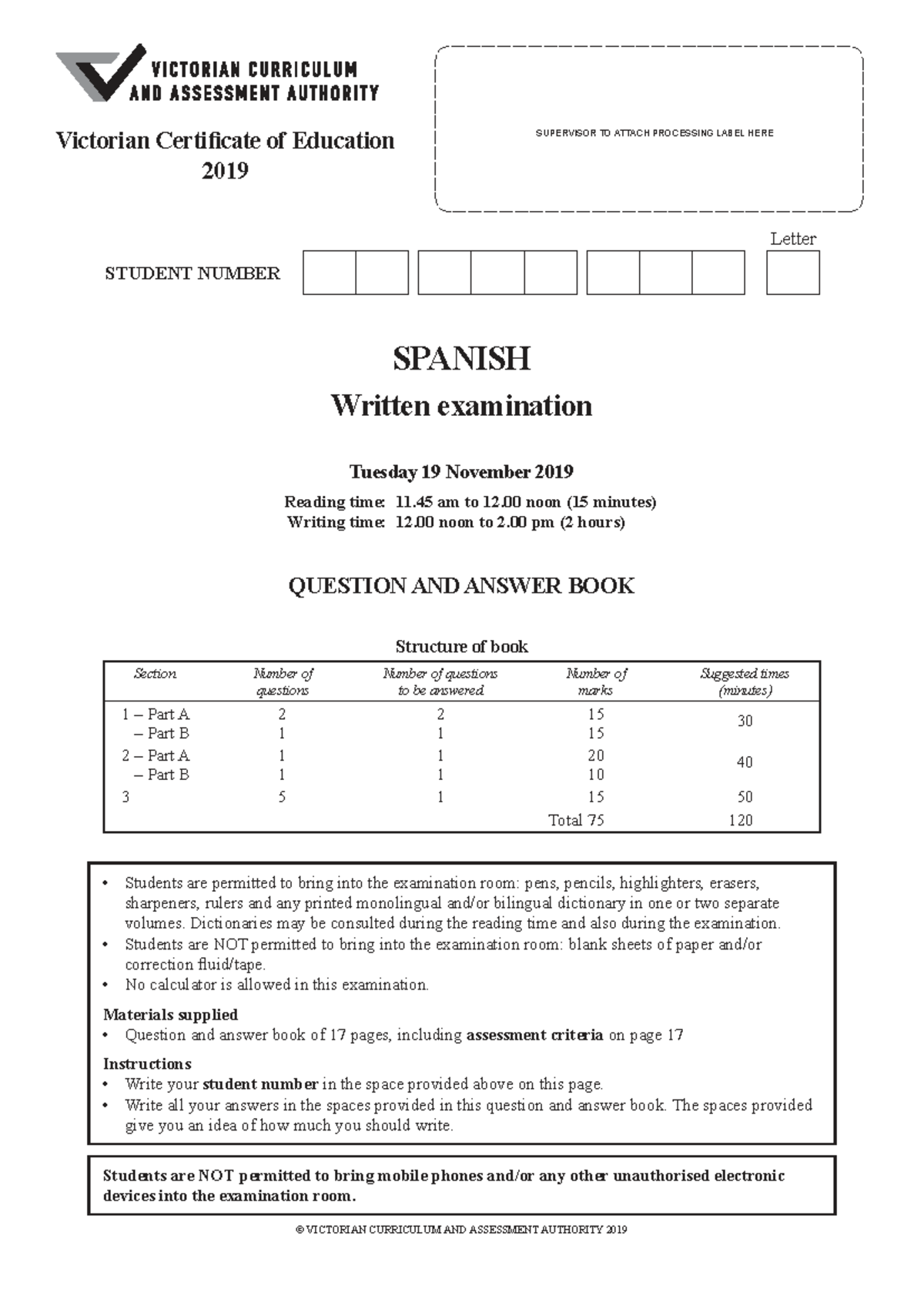 2019 Spanish Written Exam: Structure and Instructions - Studocu