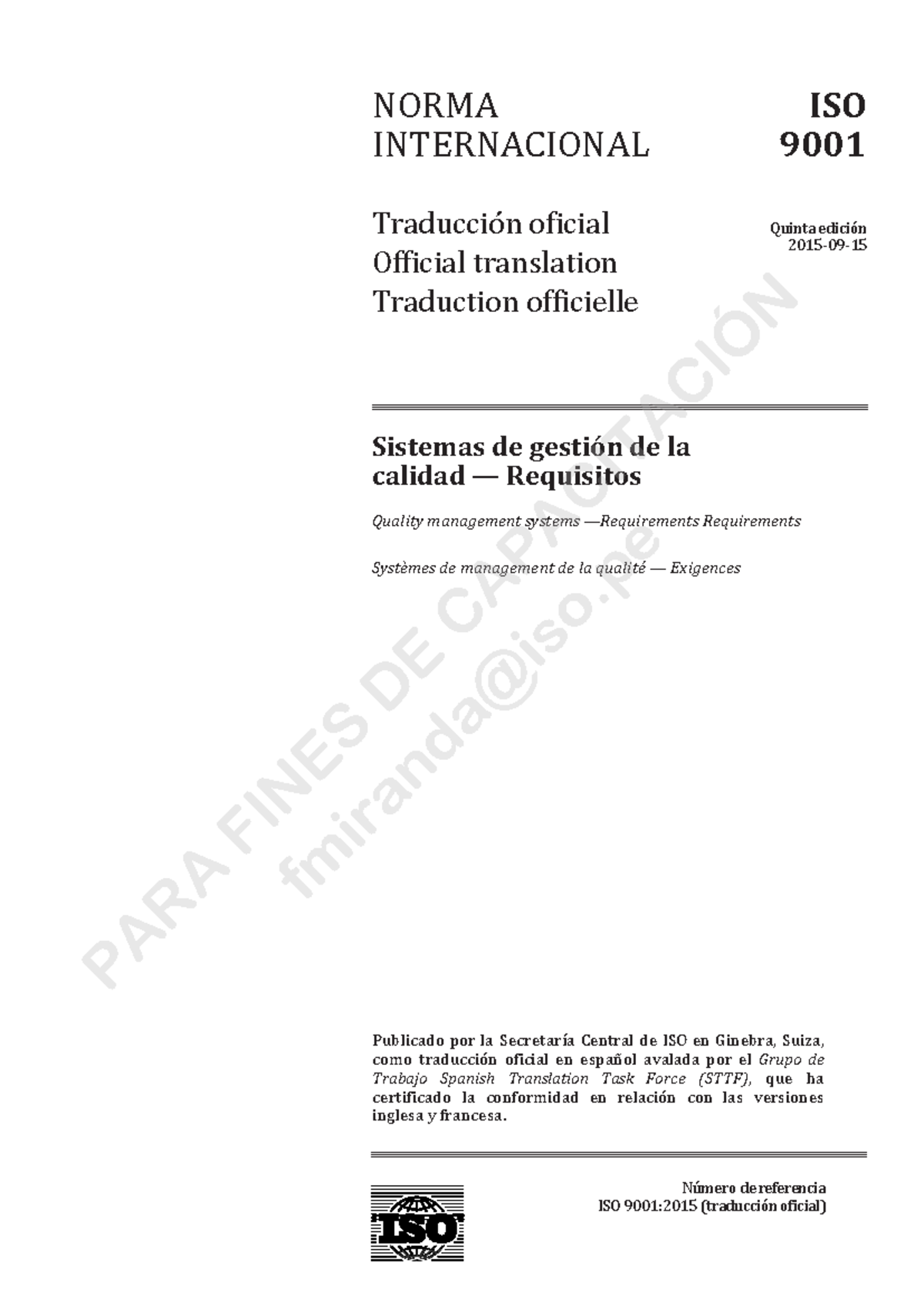 ISO 9001:2015 - Sistemas de Gestión de la Calidad (Traducción Oficial ...