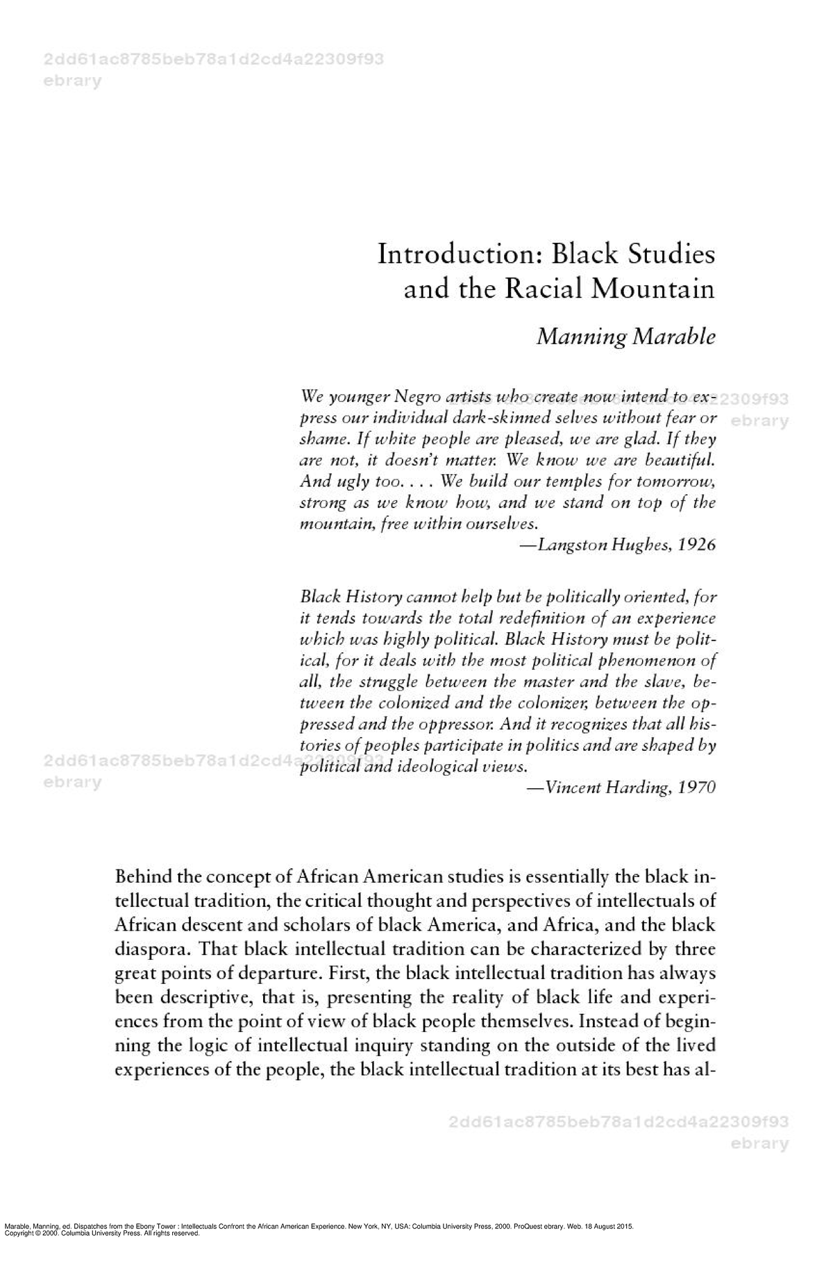 Manning Marable: Intro to Black Studies & the Racial Mountain - Studocu