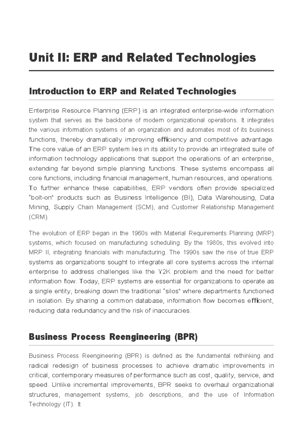 Unit II: ERP & Related Technologies Overview and Insights - Studocu