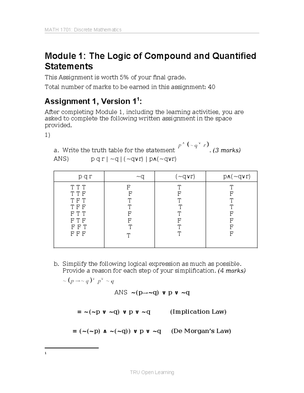 MATH 1701: Discrete Math Assignment 1 Answers and Solutions - Studocu