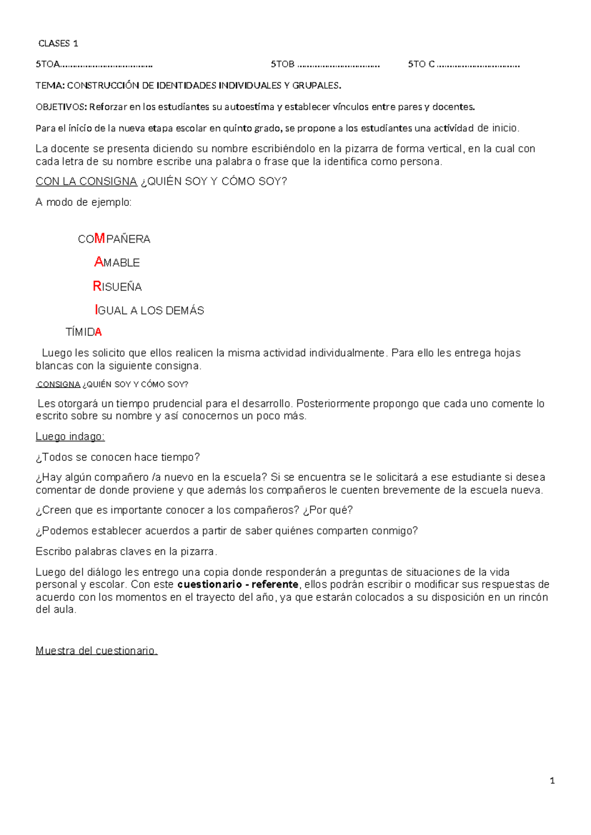 Actividades de Identidad y Convivencia - 5to Grado Clases - Studocu