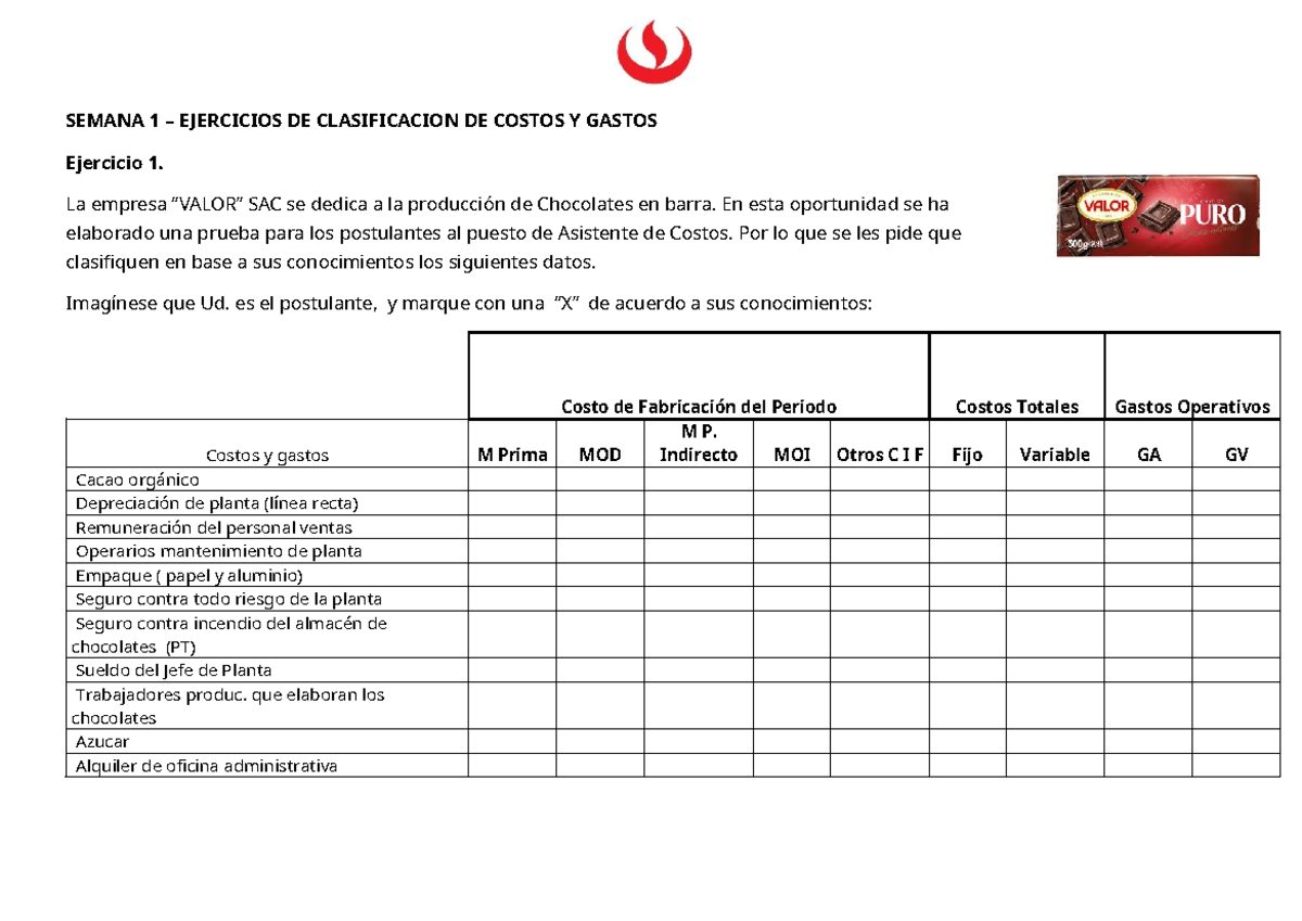 SEMANA 2 EJERCICIOS DE CLASIFICACION DE COSTOS Y GASTOS - Studocu